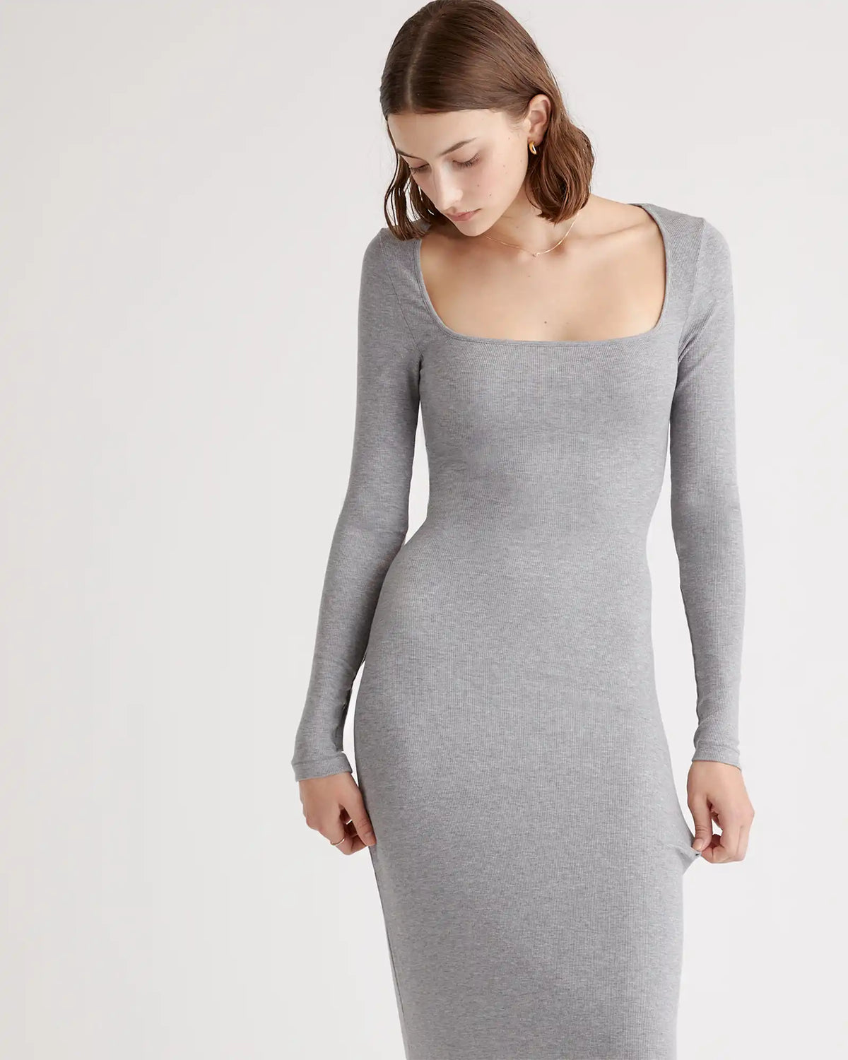 Tencel Rib Knit Long Sleeve Square Neck Dress