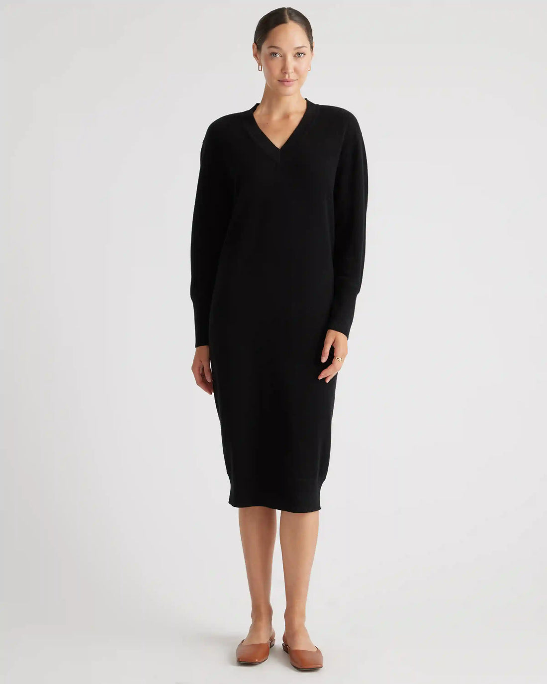 Mongolian Cashmere V-Neck Midi Sweater Dress