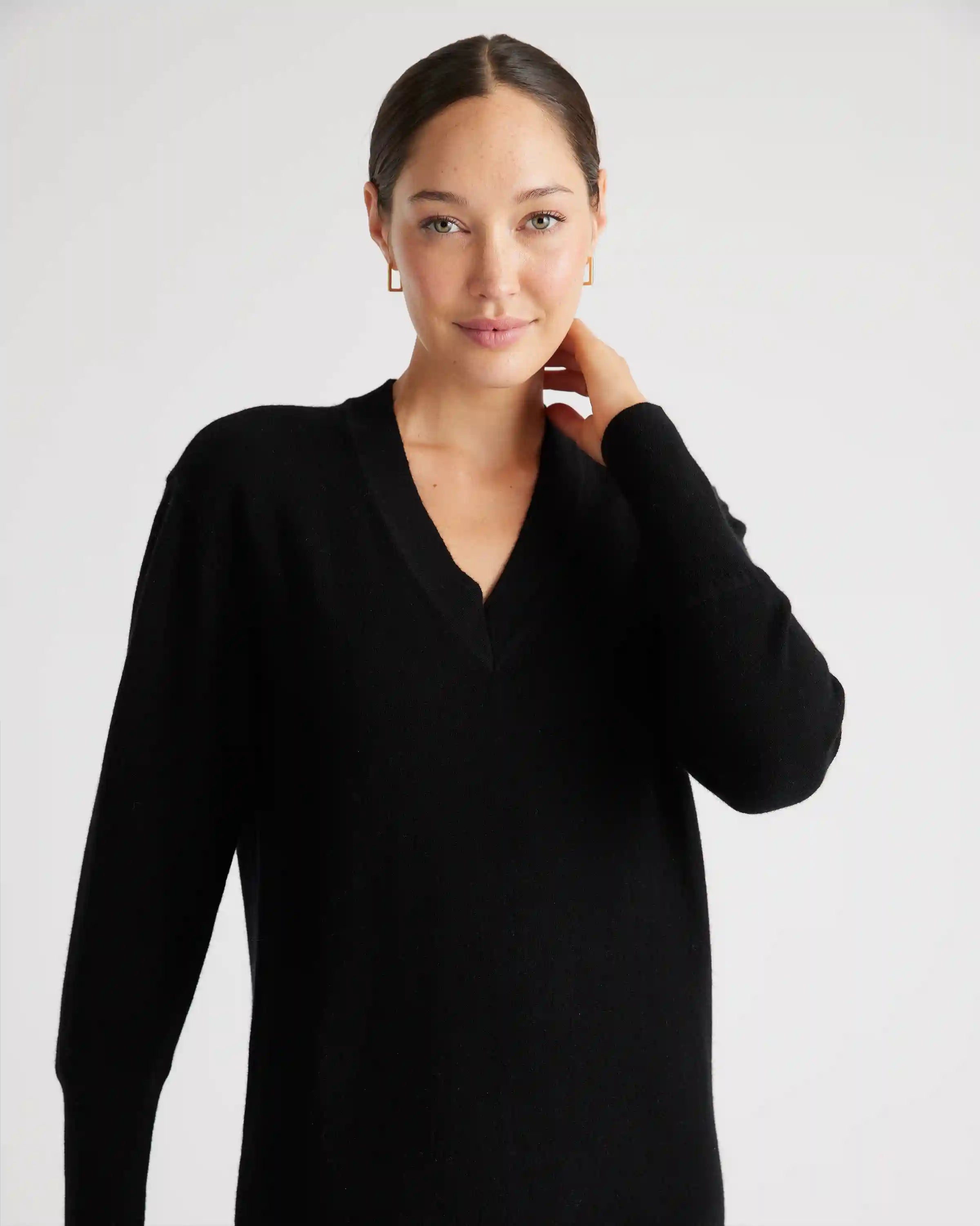Mongolian Cashmere V-Neck Midi Sweater Dress