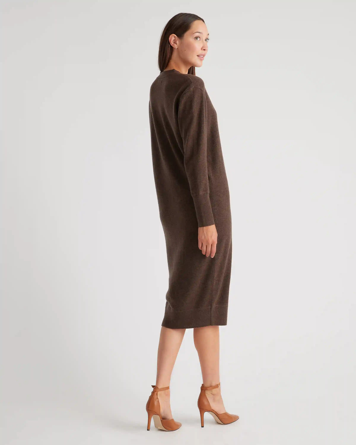 Mongolian Cashmere V-Neck Midi Sweater Dress