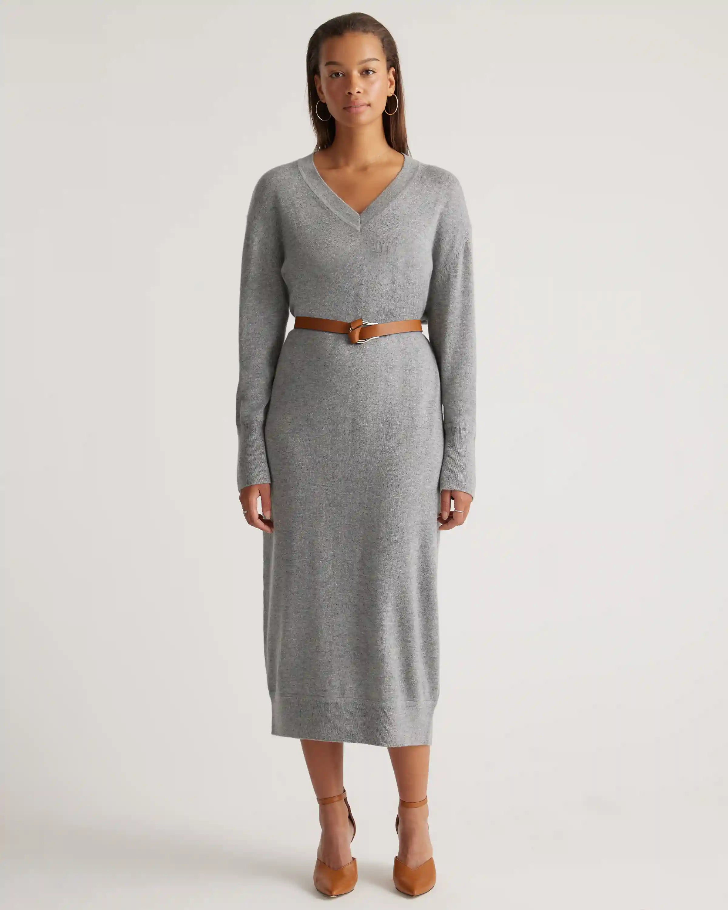 Mongolian Cashmere V-Neck Midi Sweater Dress
