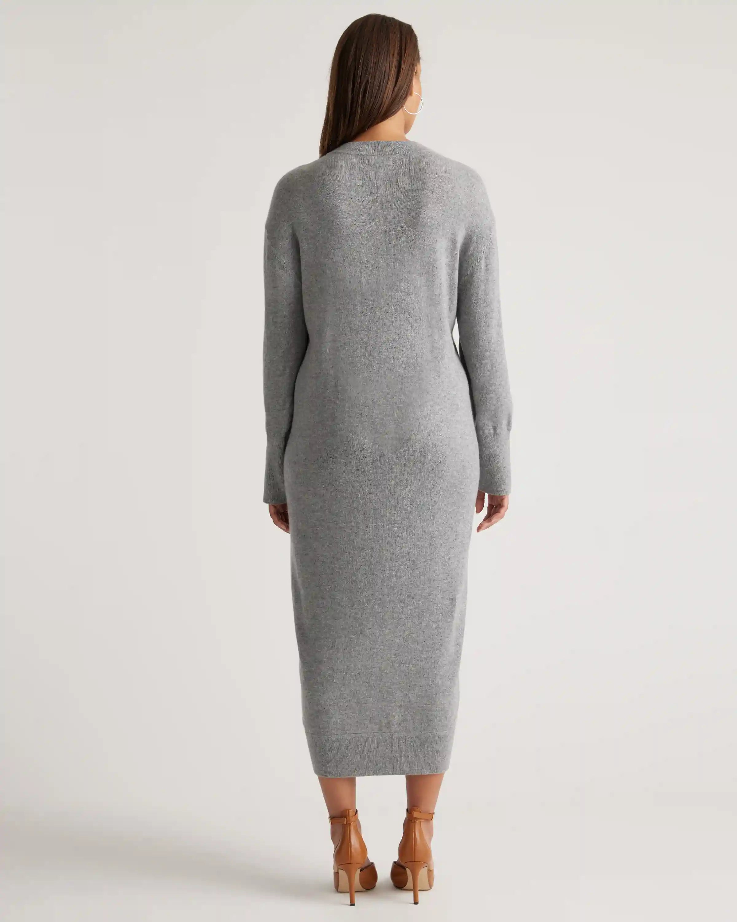 Mongolian Cashmere V-Neck Midi Sweater Dress