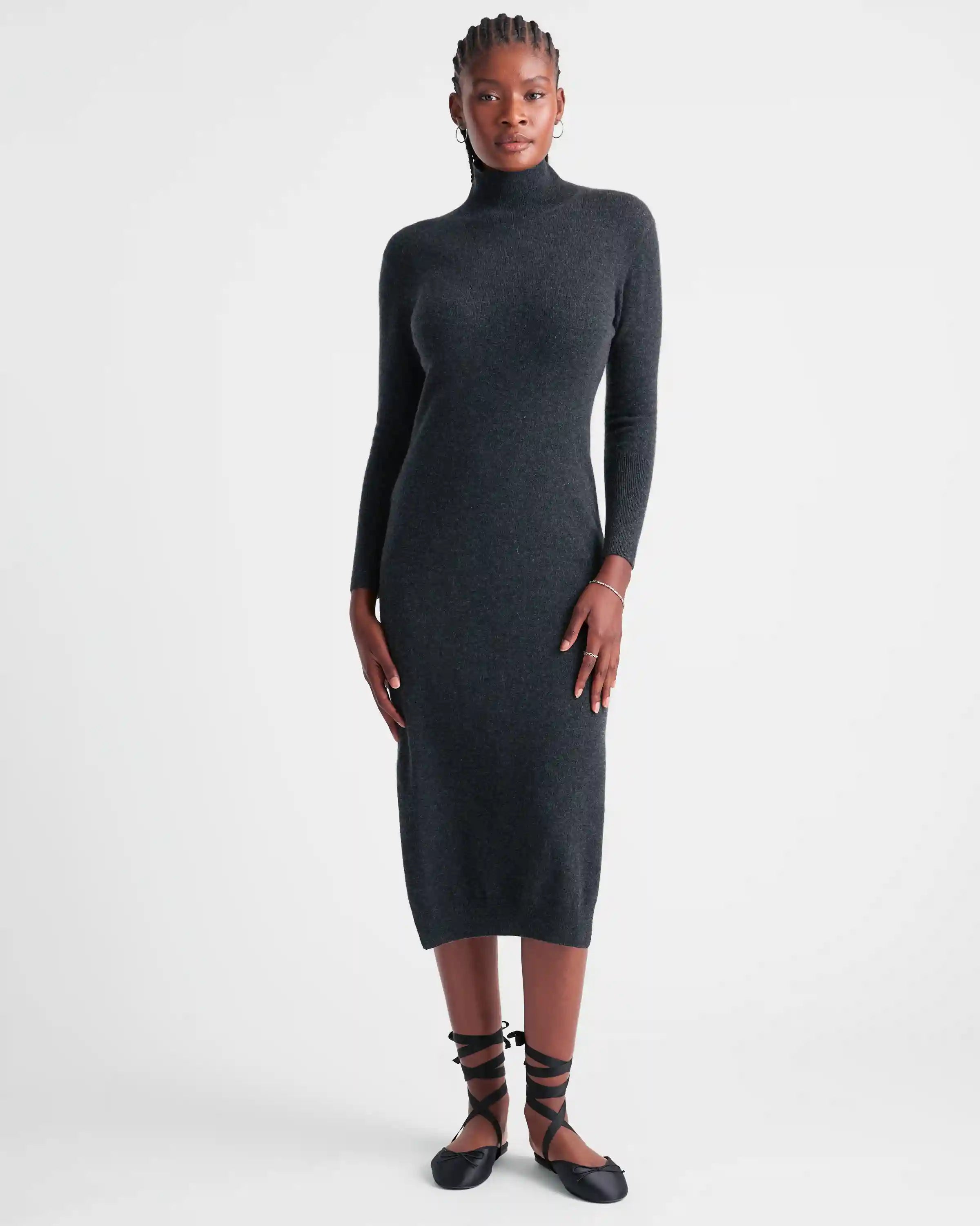 Mongolian Spring Cashmere Turtleneck Midi Sweater Dress
