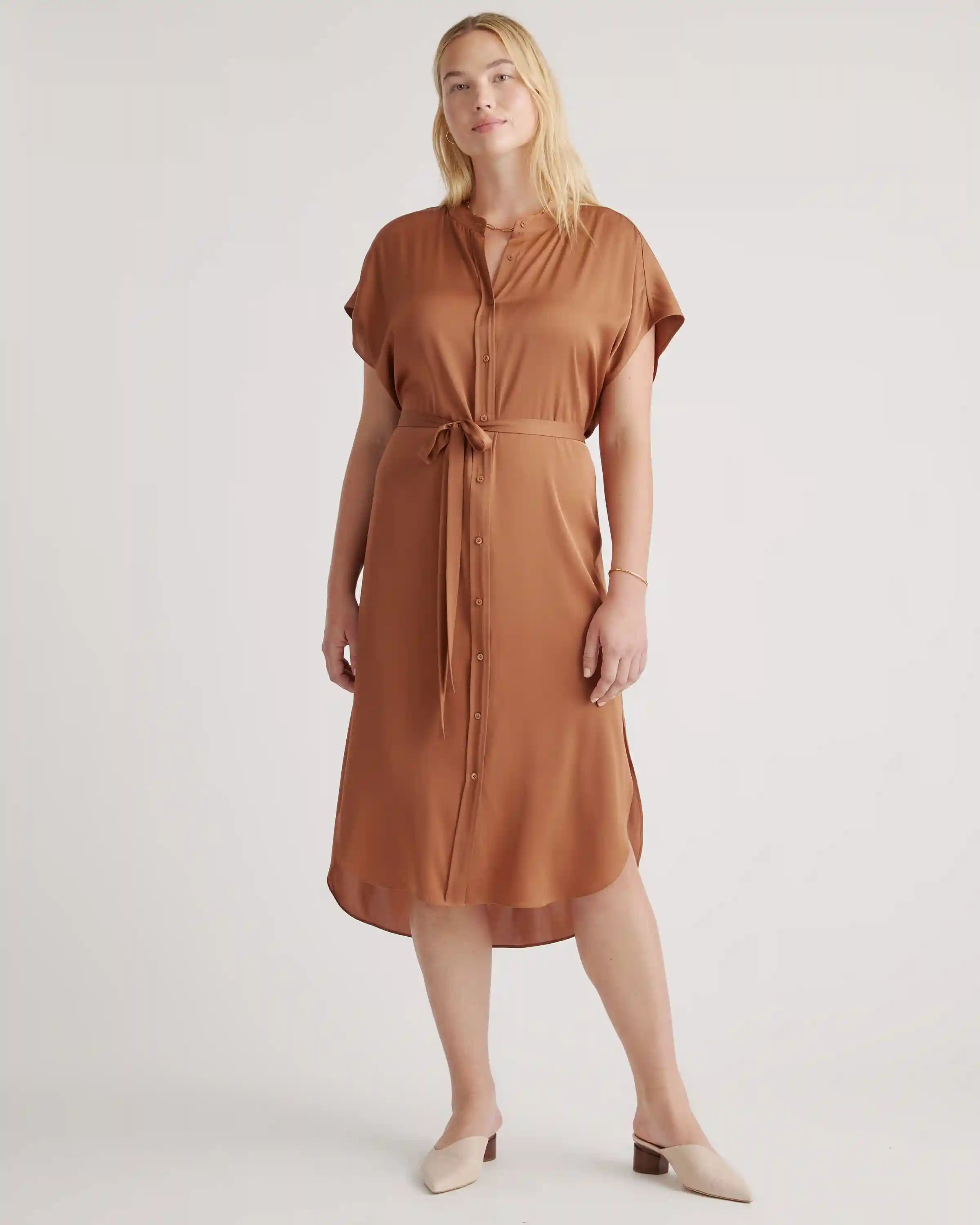 Washable Stretch Silk Midi Shirt Dress