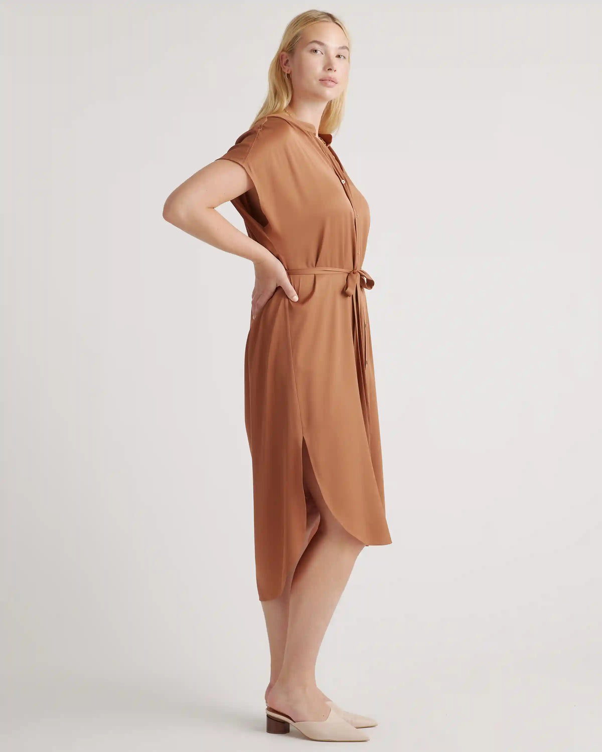 Washable Stretch Silk Midi Shirt Dress