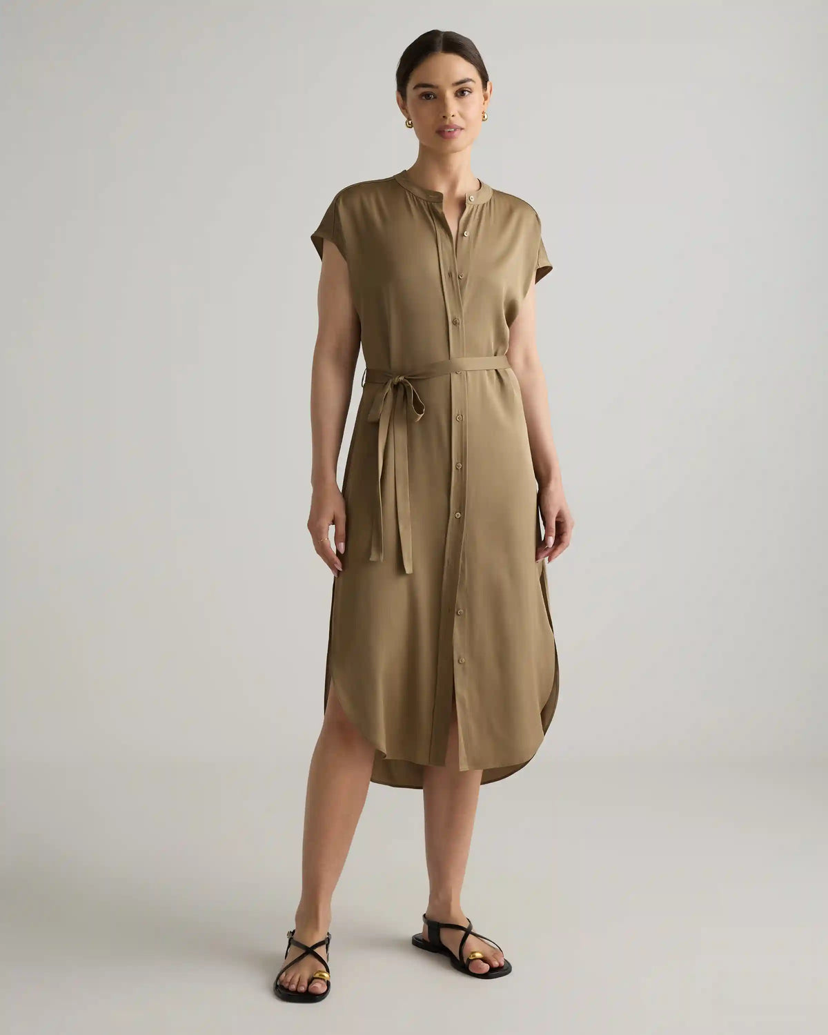 Washable Stretch Silk Midi Shirt Dress