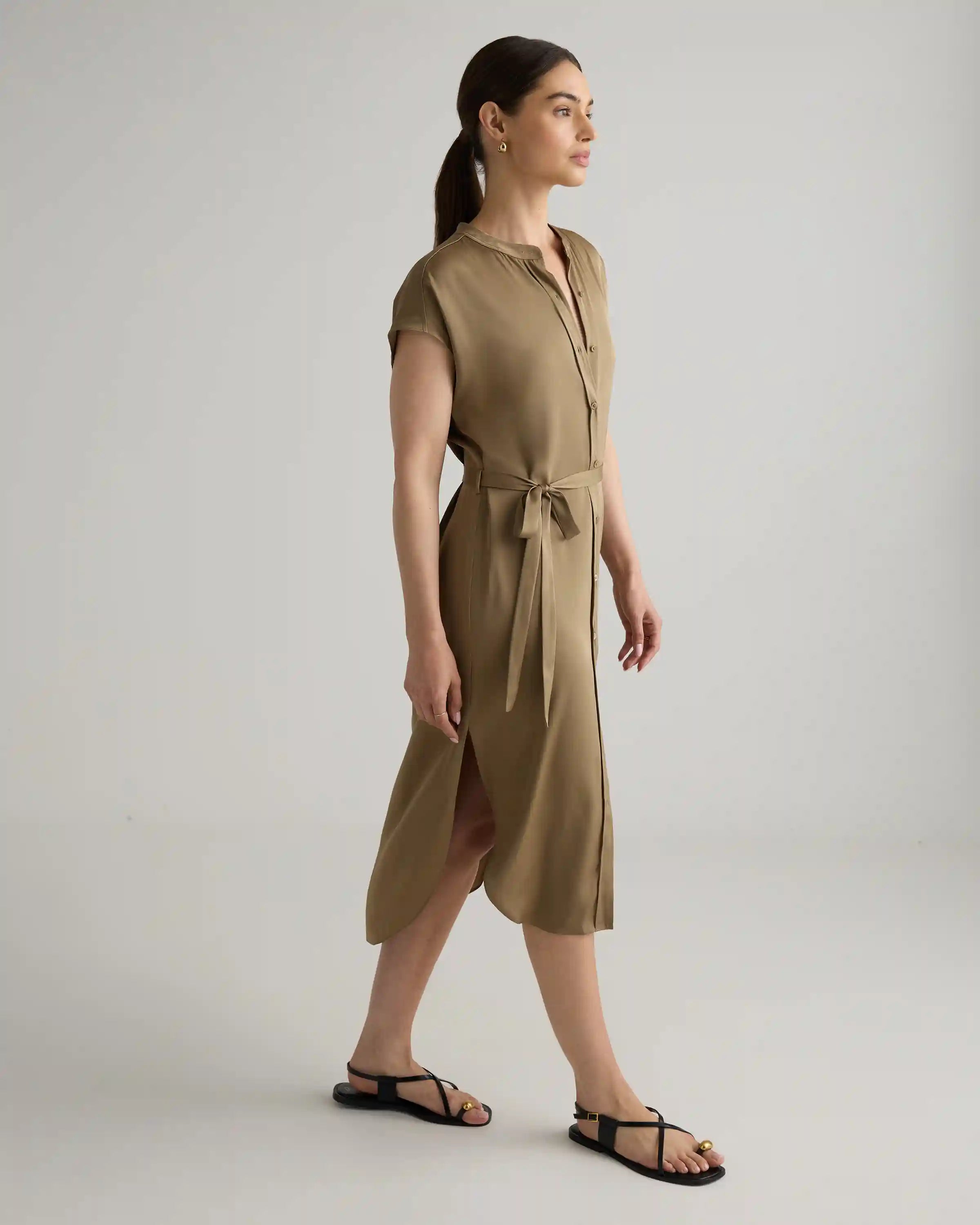 Washable Stretch Silk Midi Shirt Dress