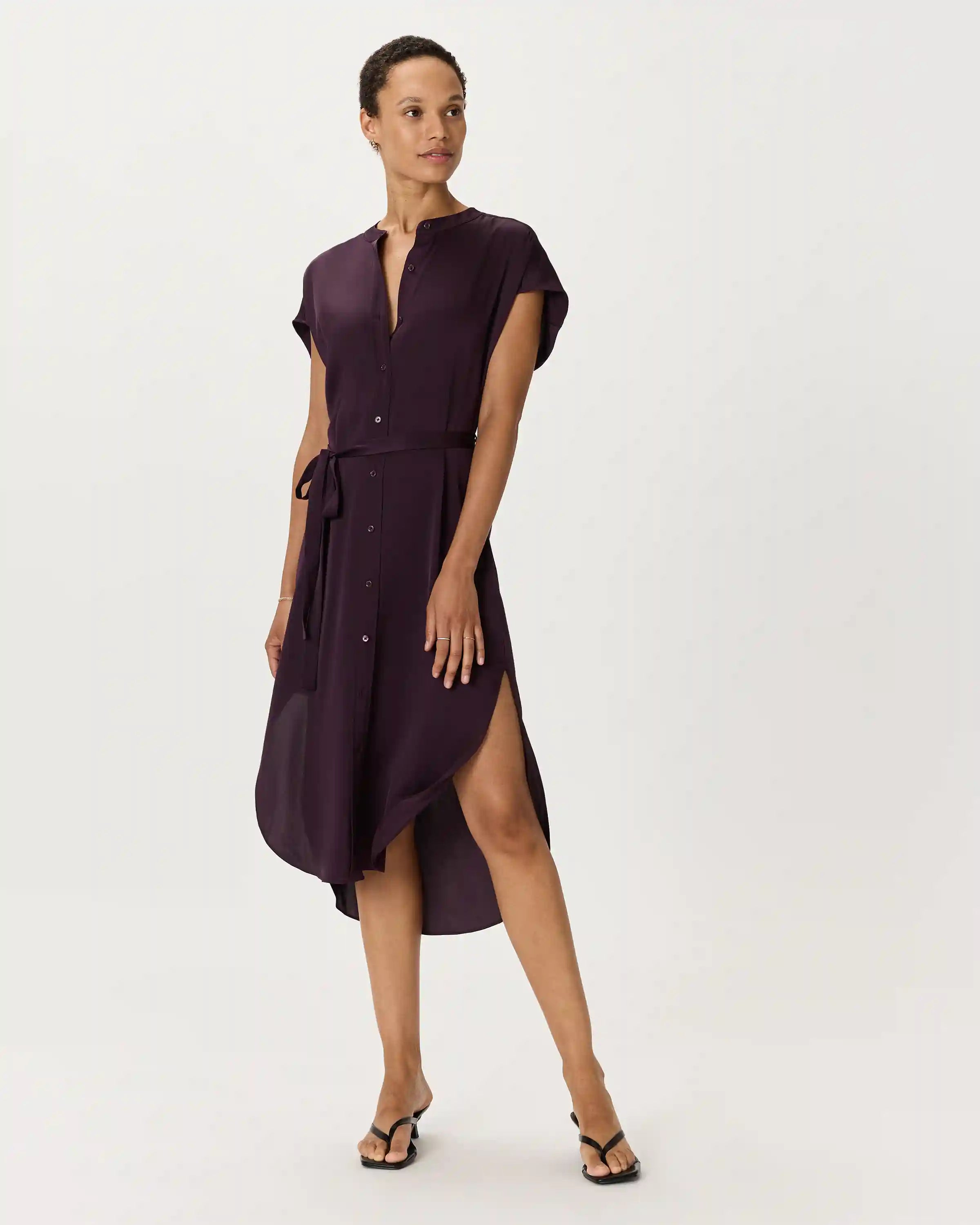 Washable Stretch Silk Midi Shirt Dress