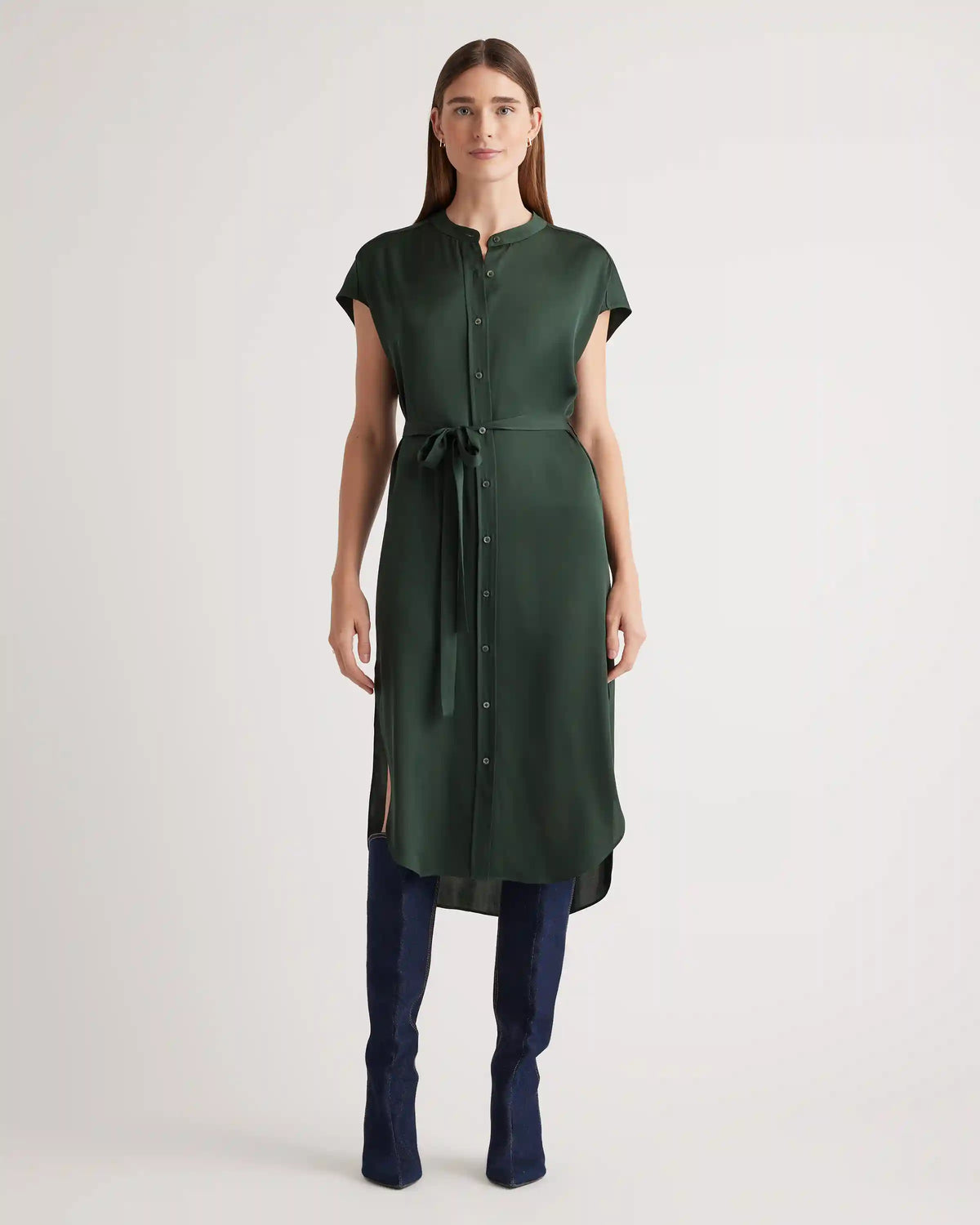 Washable Stretch Silk Midi Shirt Dress