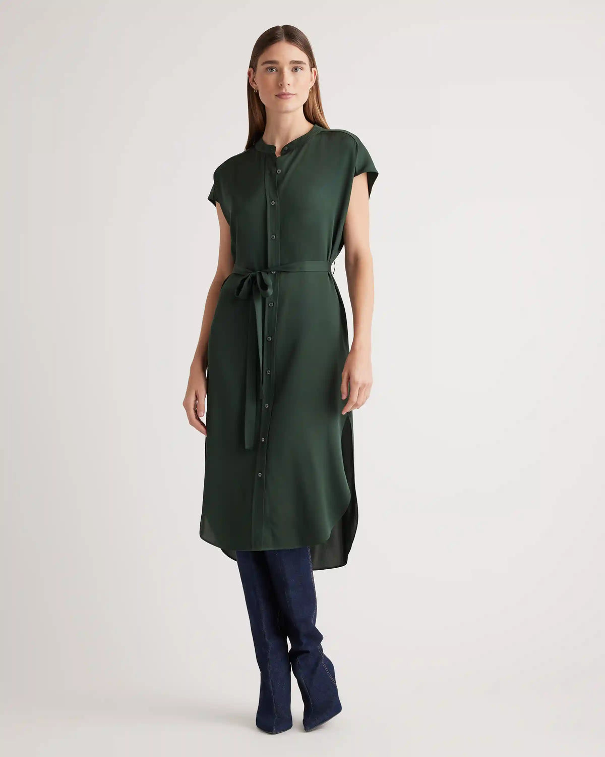 Washable Stretch Silk Midi Shirt Dress