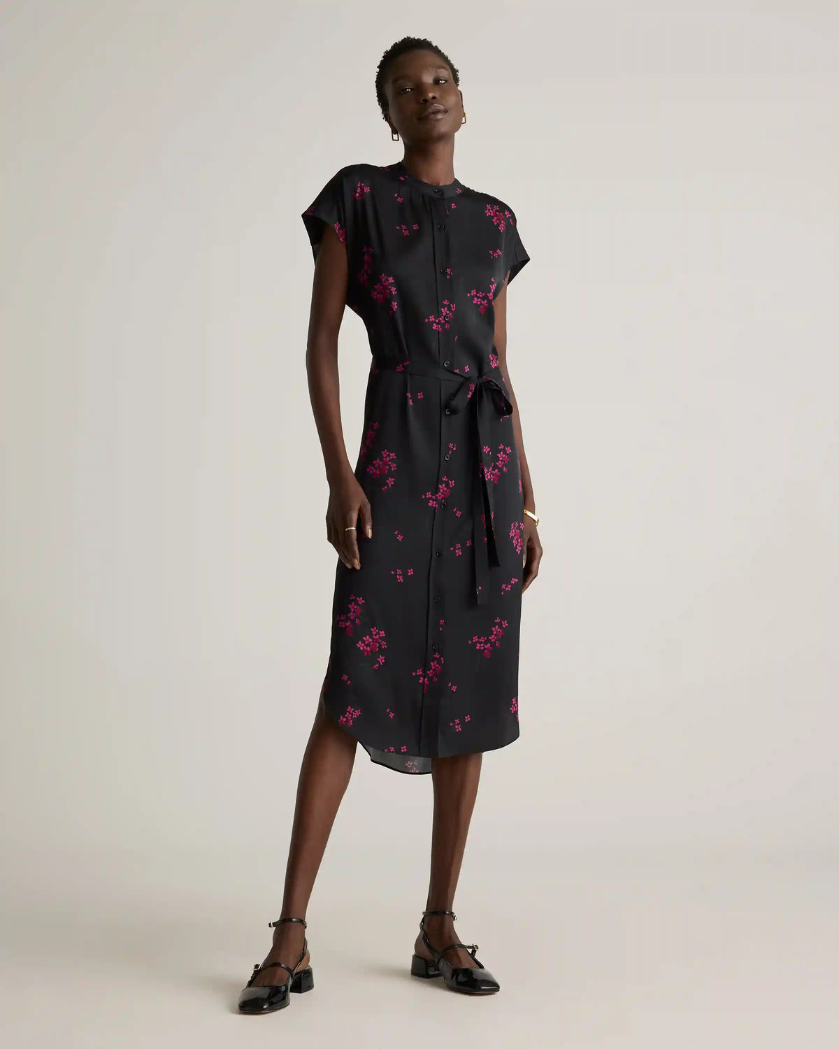 Washable Stretch Silk Midi Shirt Dress
