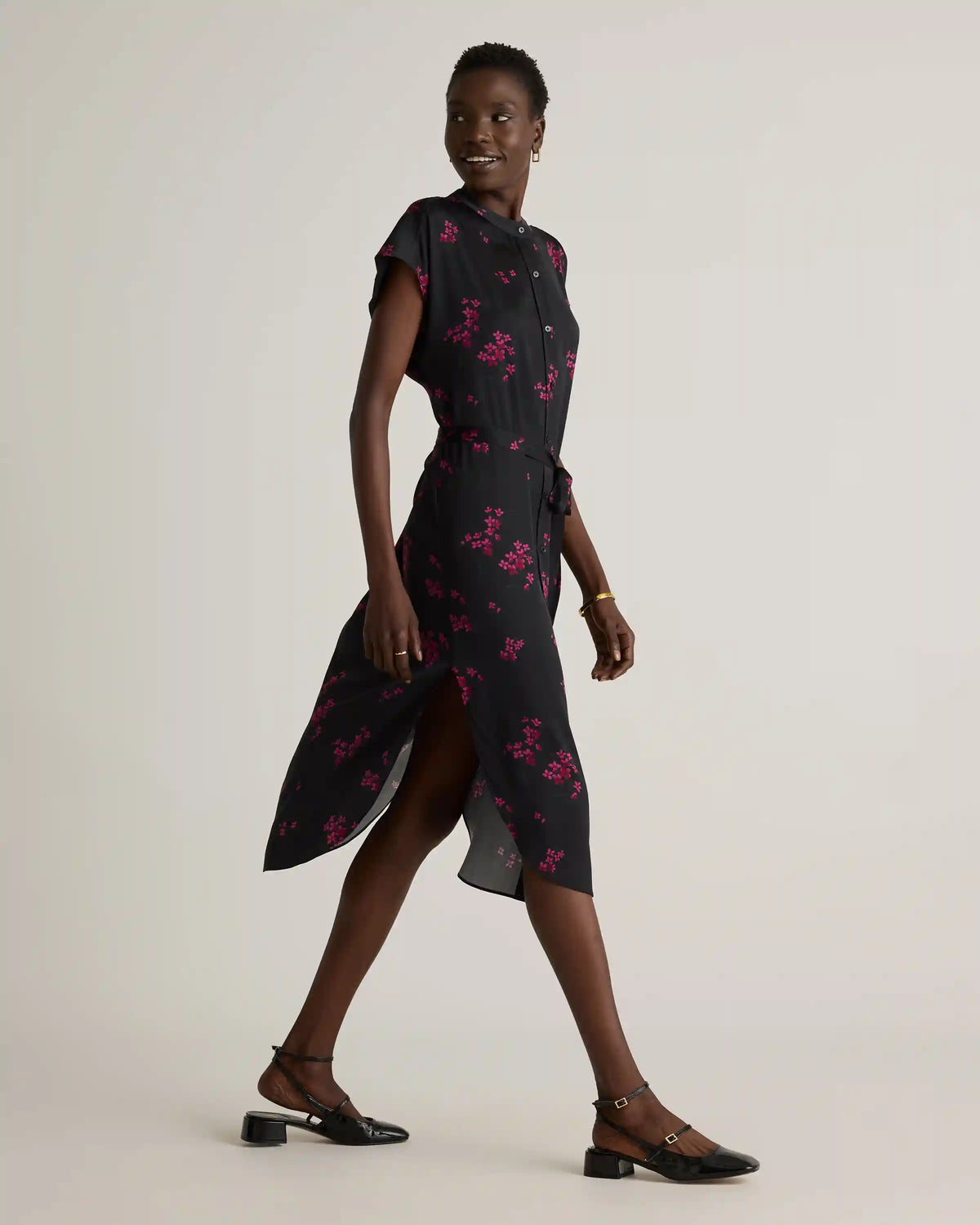 Washable Stretch Silk Midi Shirt Dress