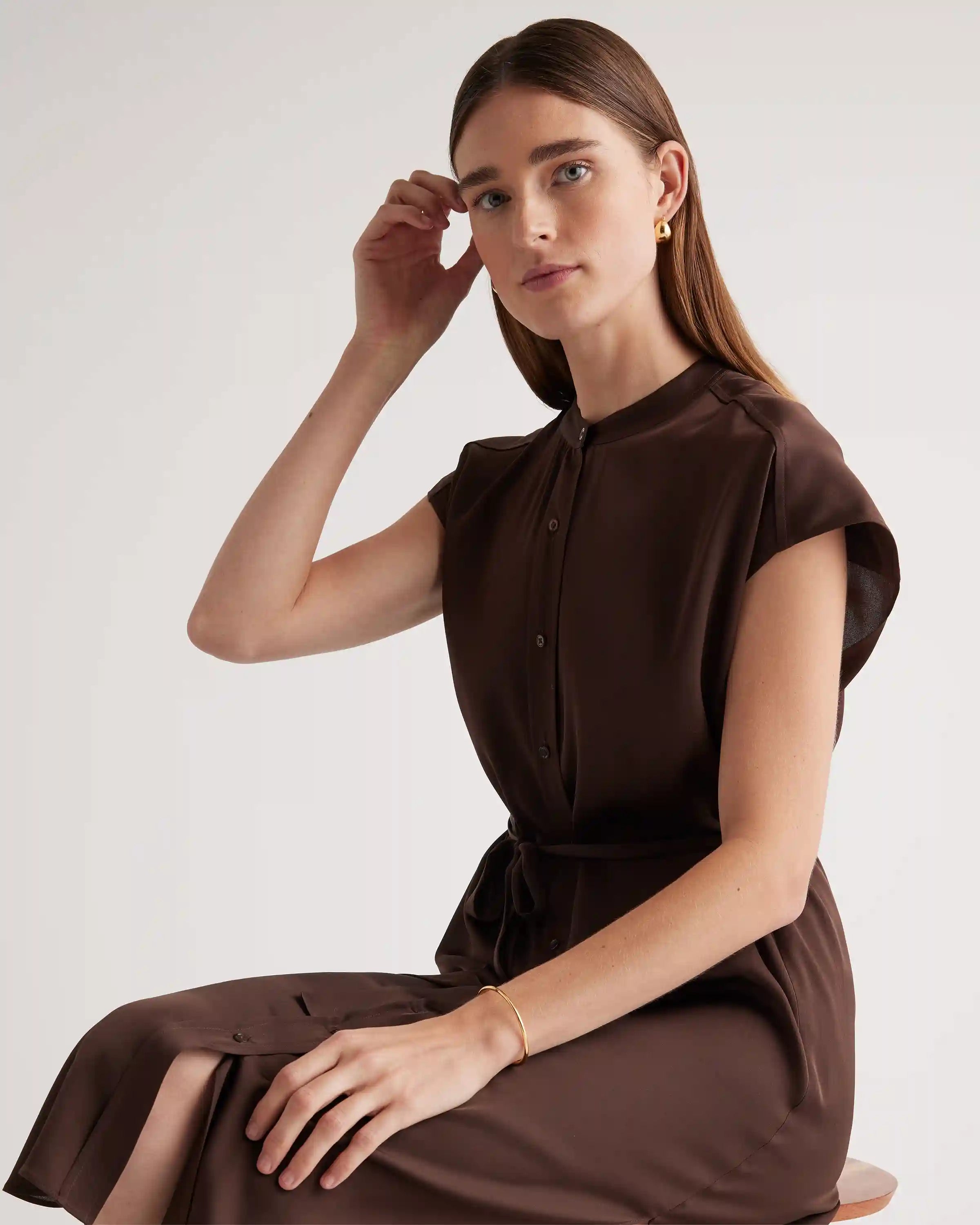 Washable Stretch Silk Midi Shirt Dress