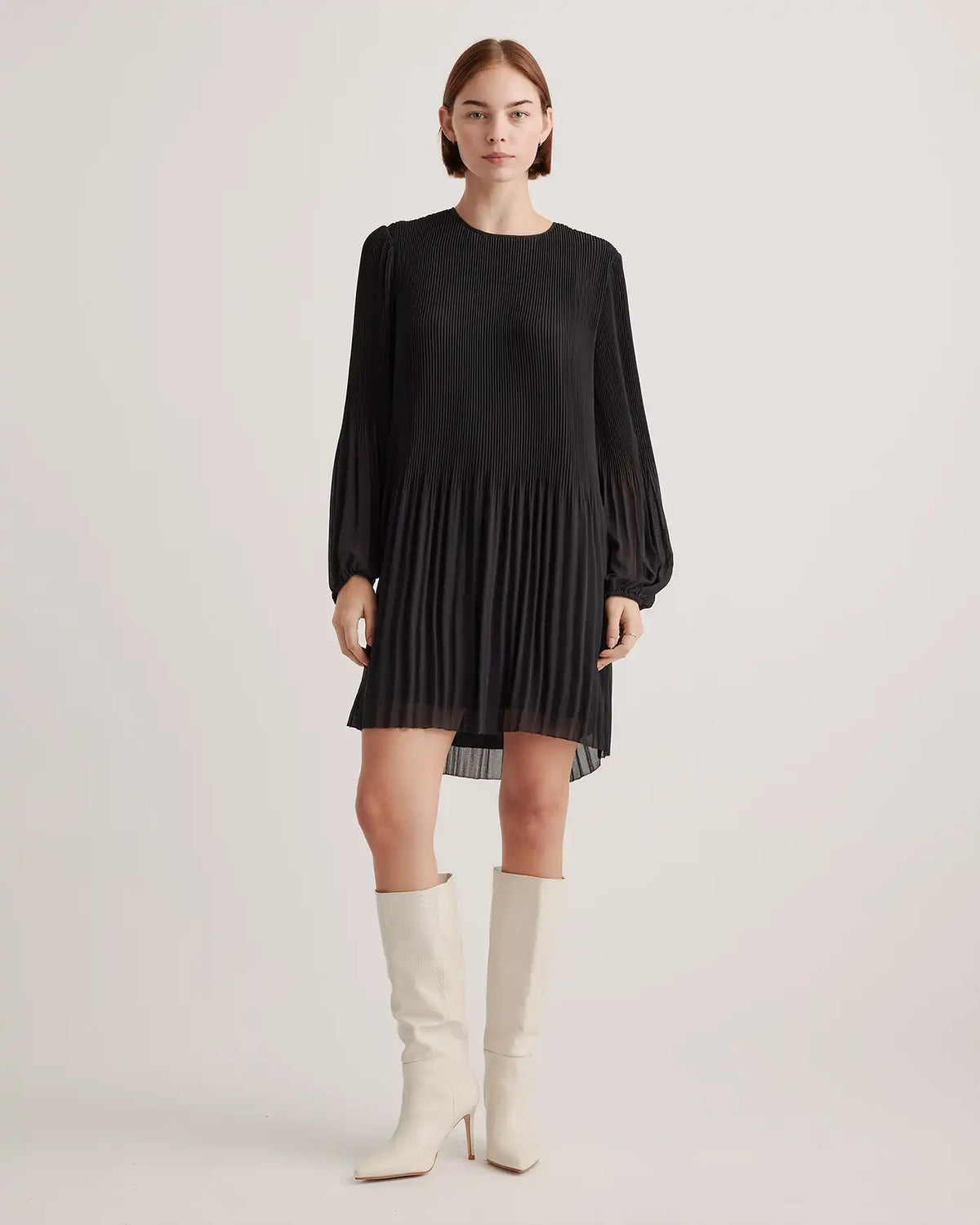 Chiffon Pleated Long Sleeve Mini Dress