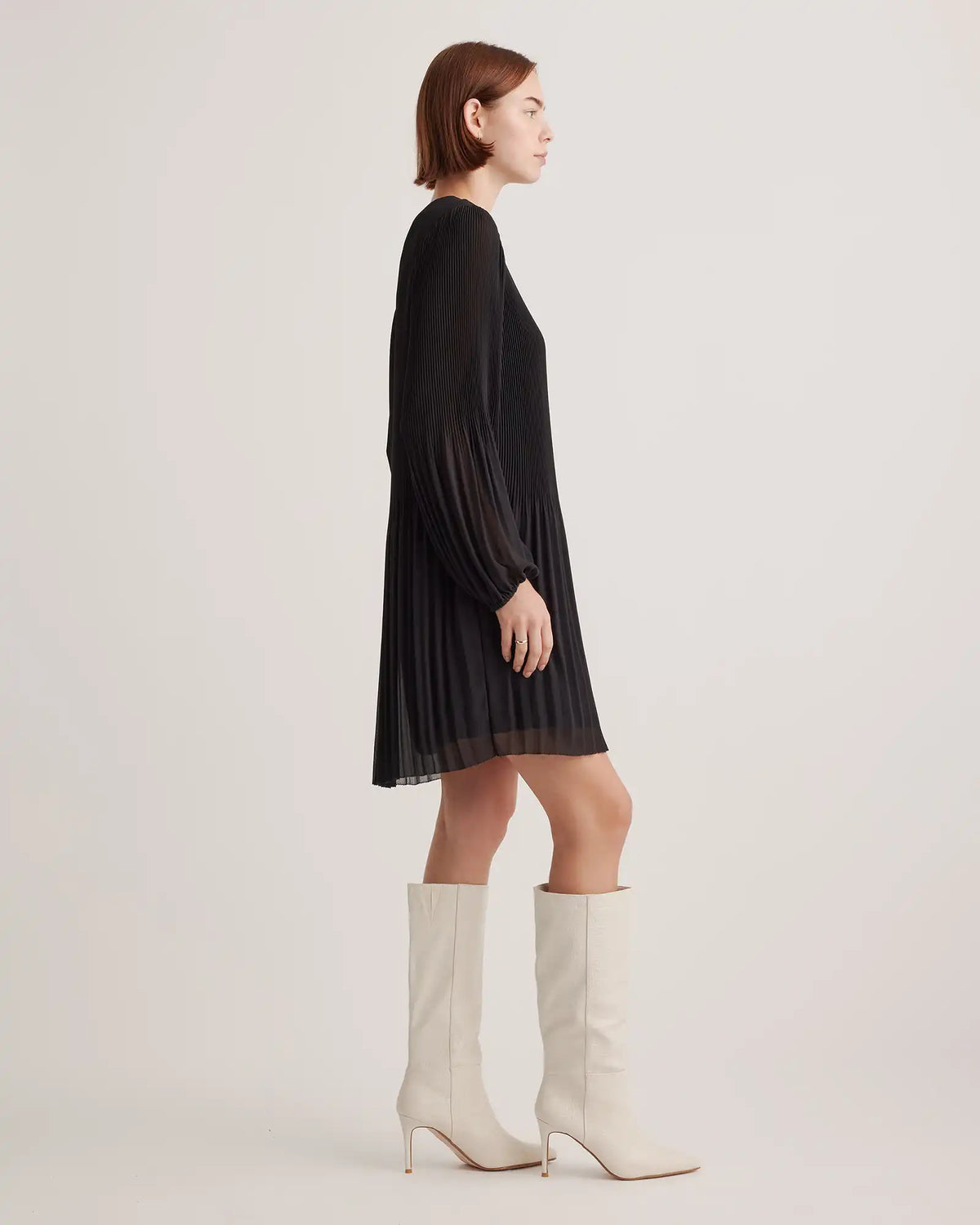 Chiffon Pleated Long Sleeve Mini Dress