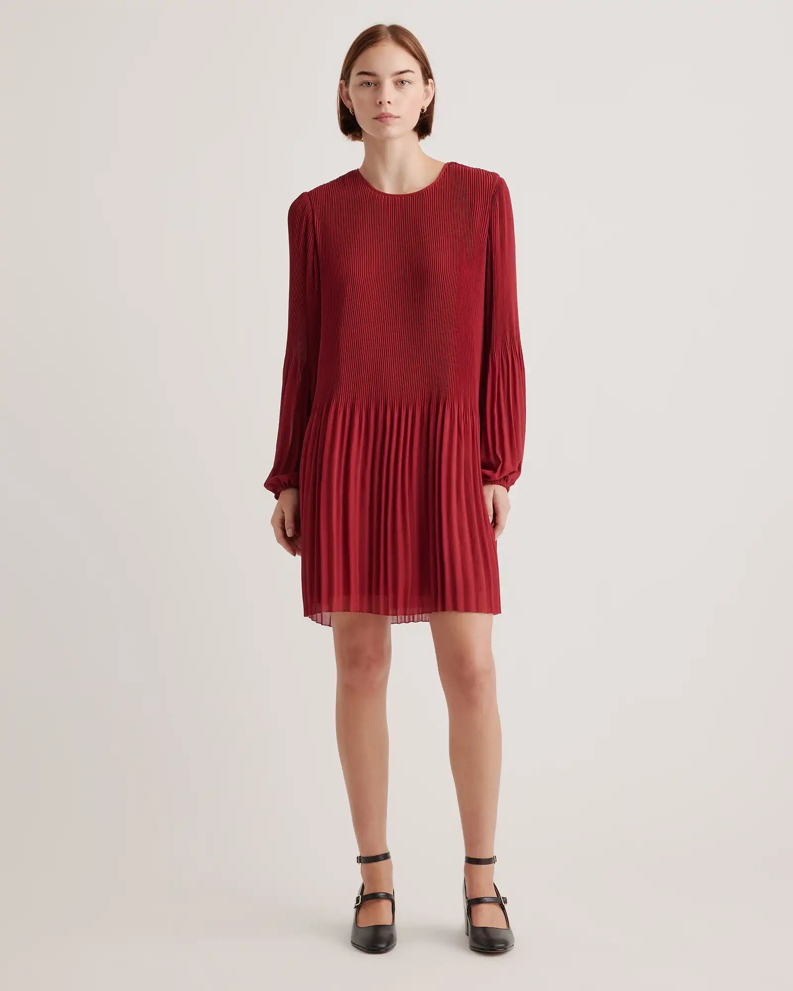 Chiffon Pleated Long Sleeve Mini Dress
