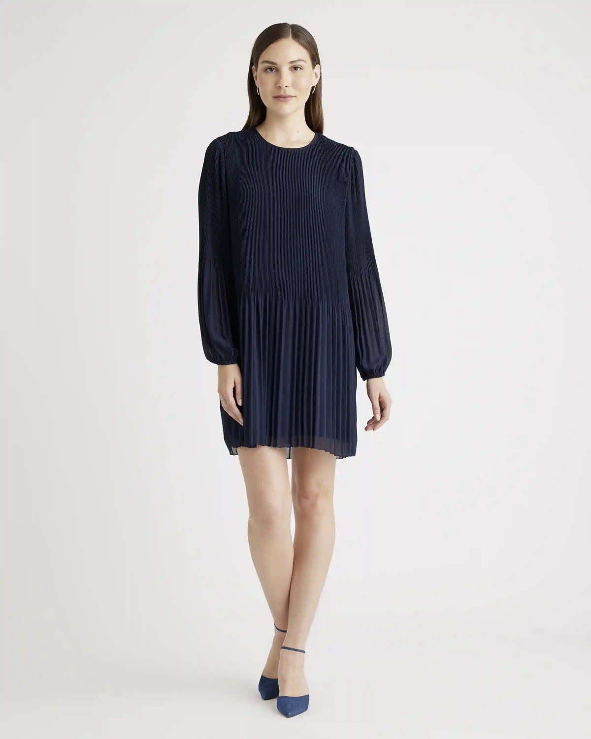 Chiffon Pleated Long Sleeve Mini Dress