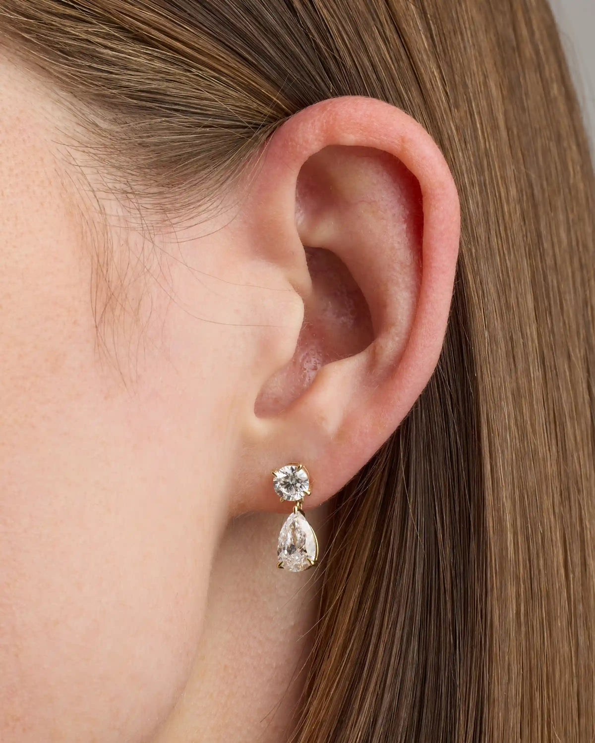 14K Gold Lab Grown Diamond Round & Pear Drop Earrings
