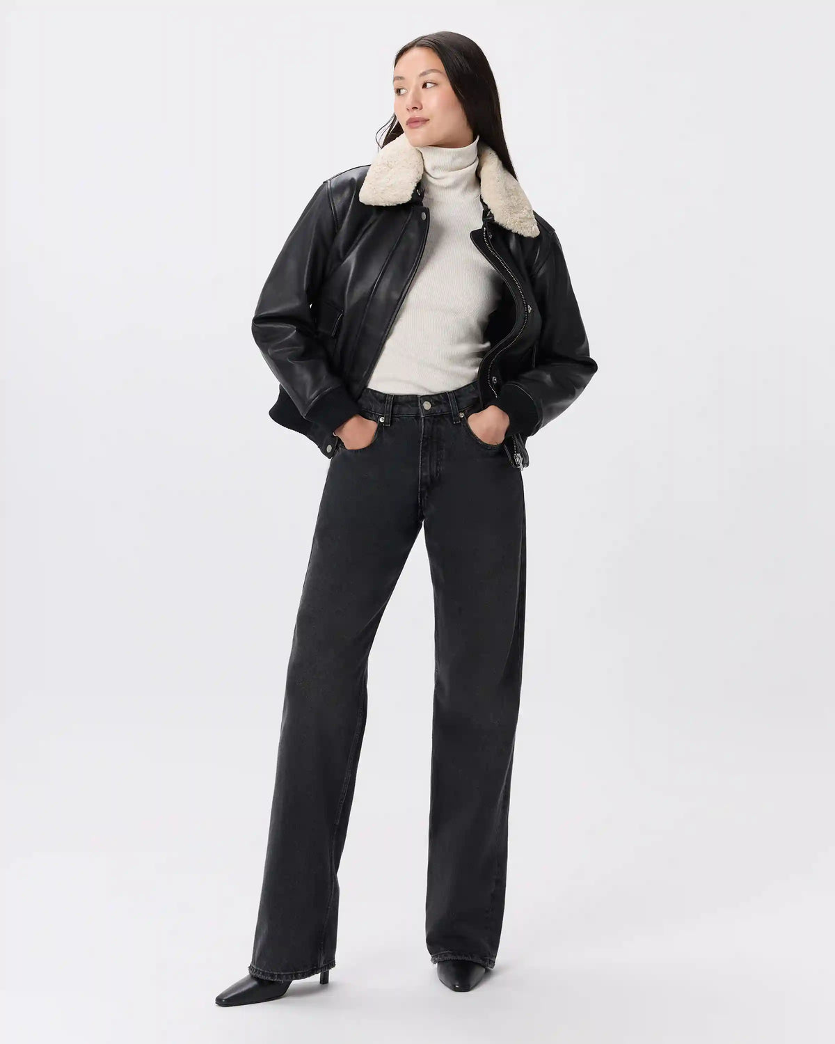 100% Leather Shearling Trim Aviator Jacket