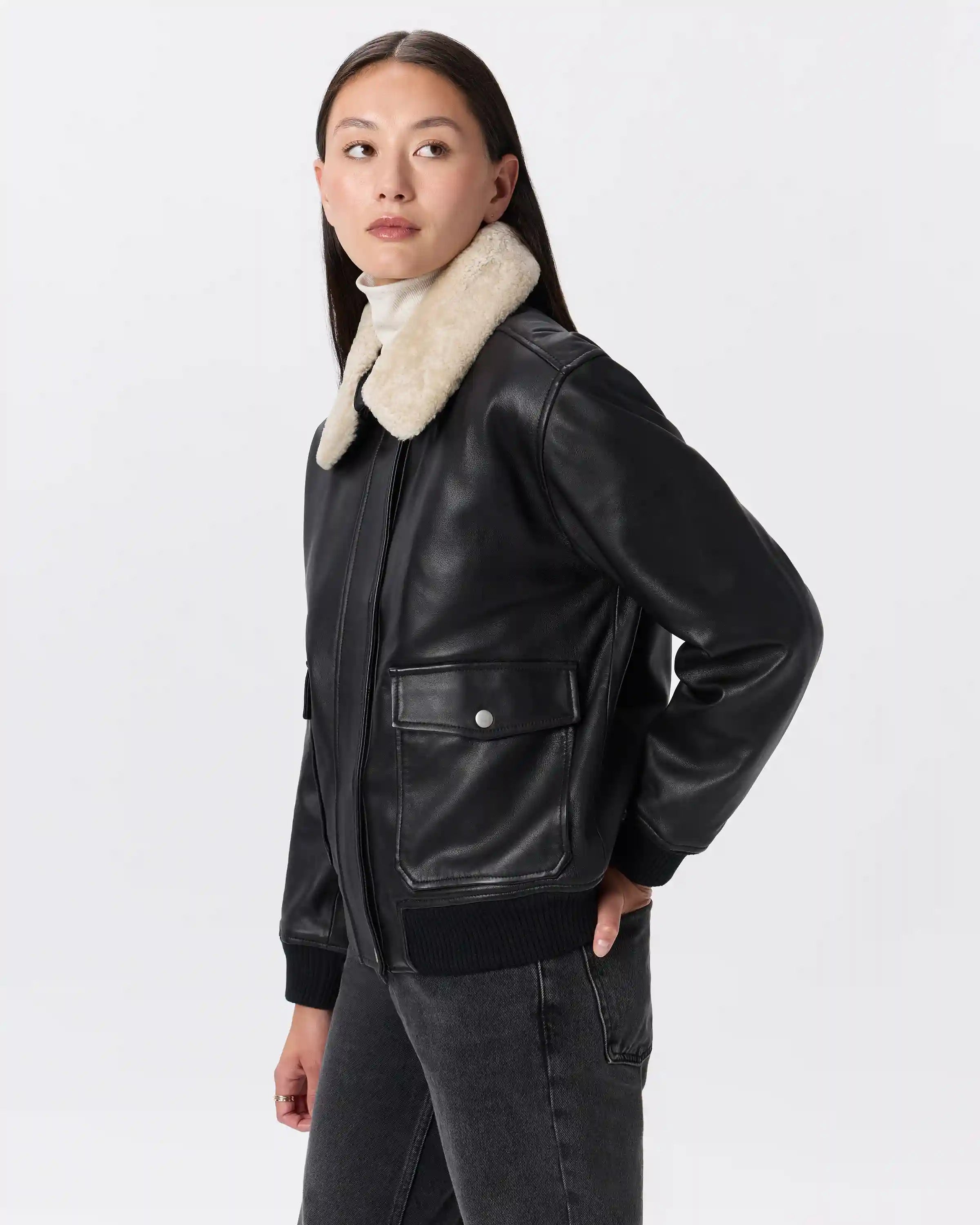 100% Leather Shearling Trim Aviator Jacket