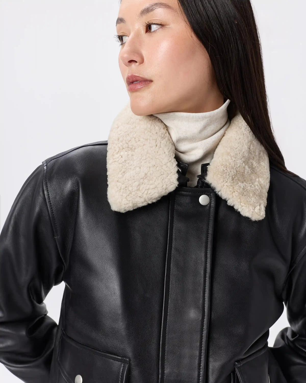 100% Leather Shearling Trim Aviator Jacket