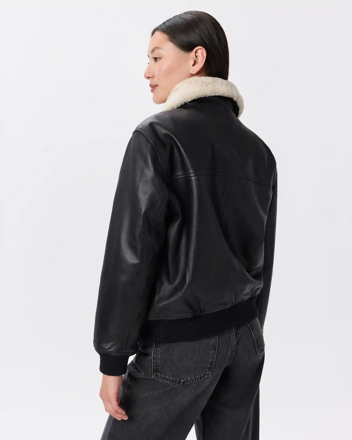 100% Leather Shearling Trim Aviator Jacket