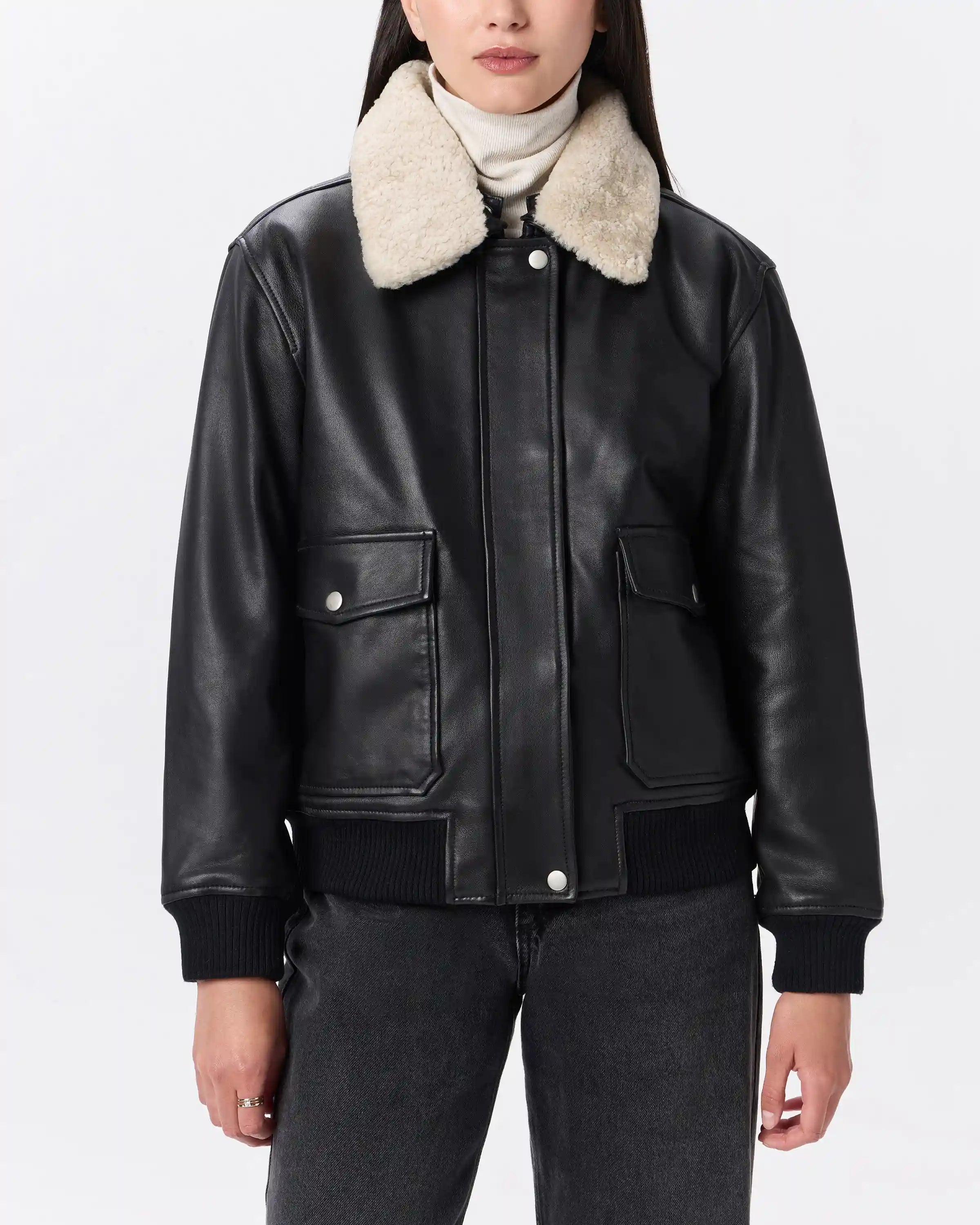 100% Leather Shearling Trim Aviator Jacket