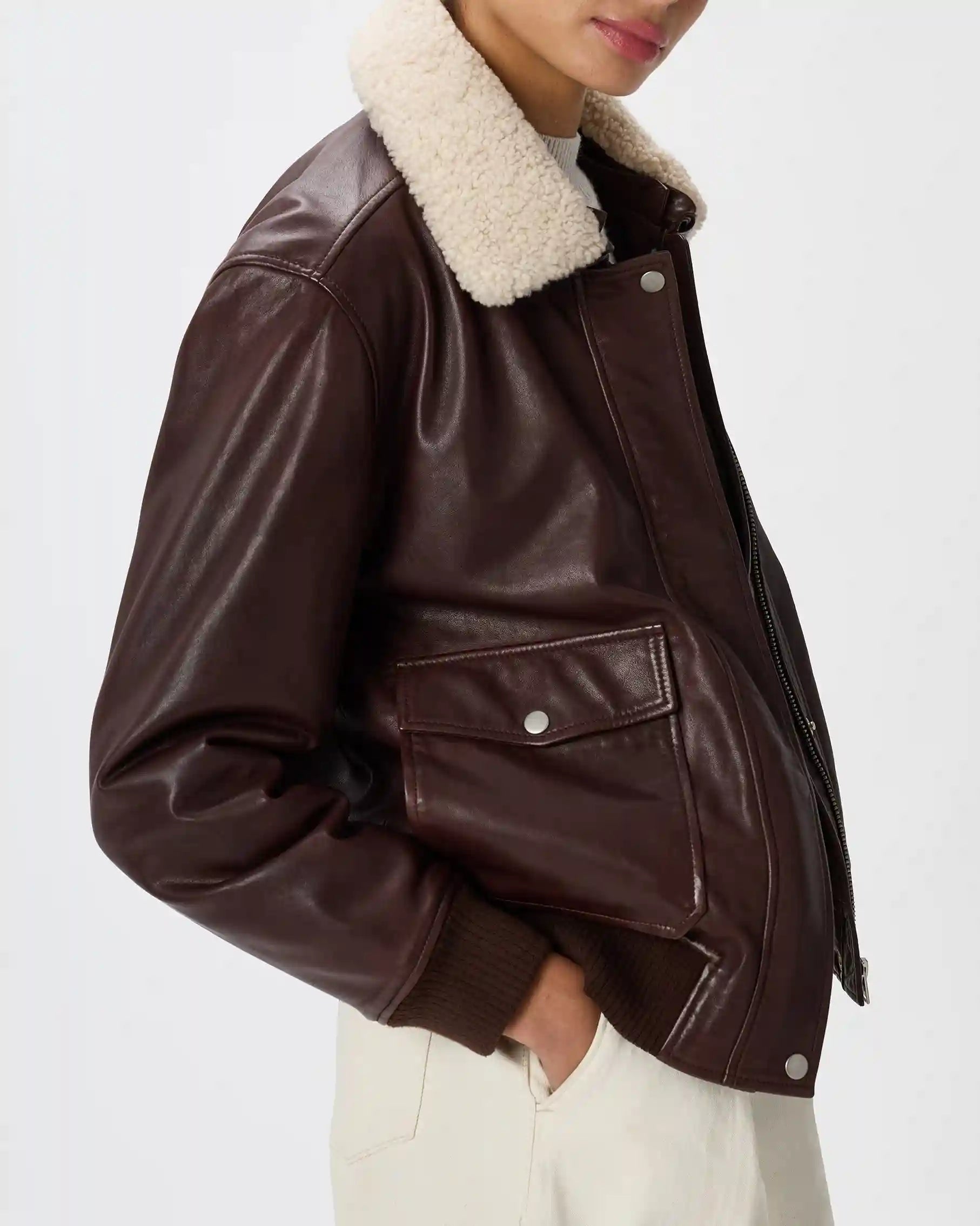 100% Leather Shearling Trim Aviator Jacket