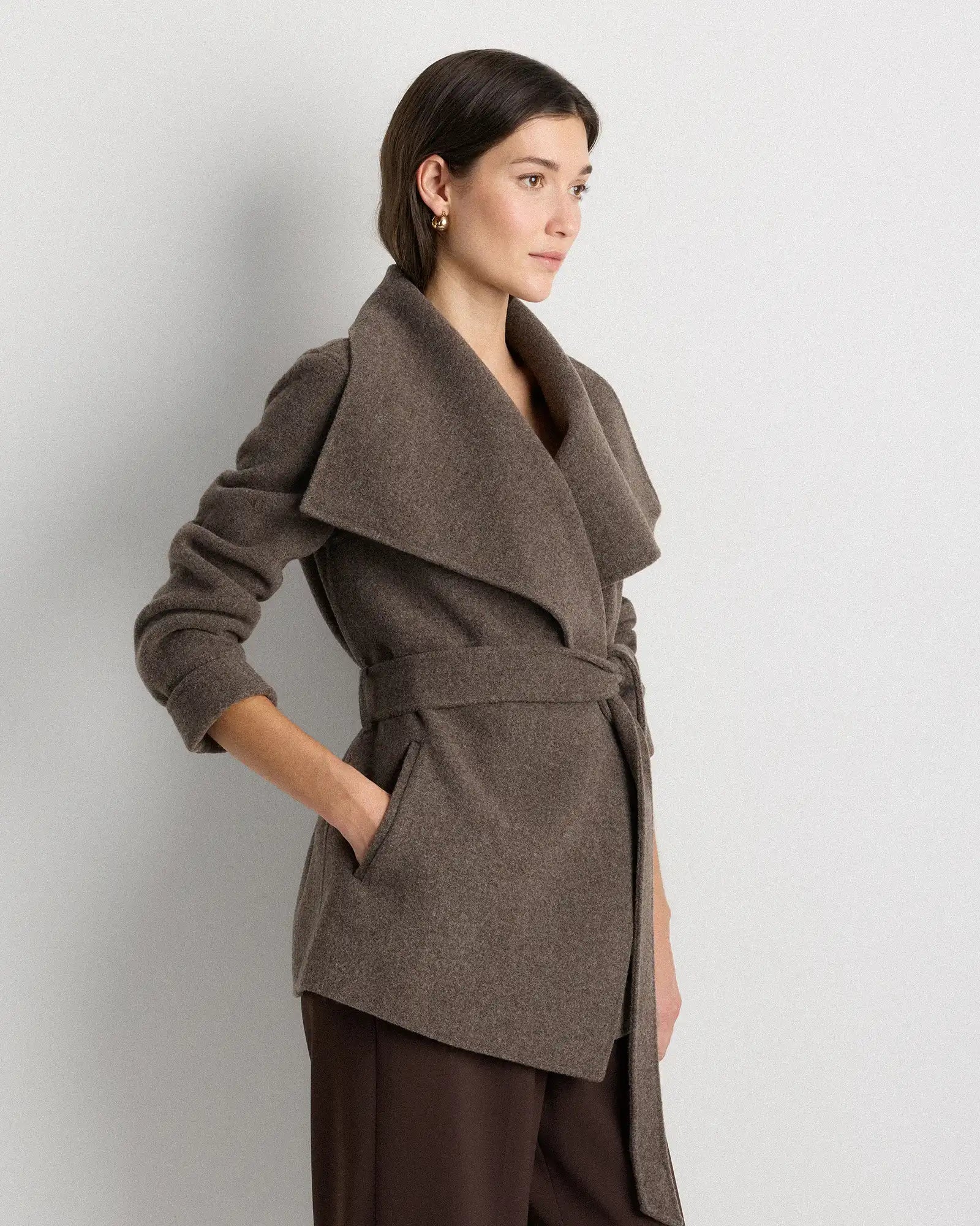 Double-Faced Merino Wool Draped Collar Short Wrap Coat