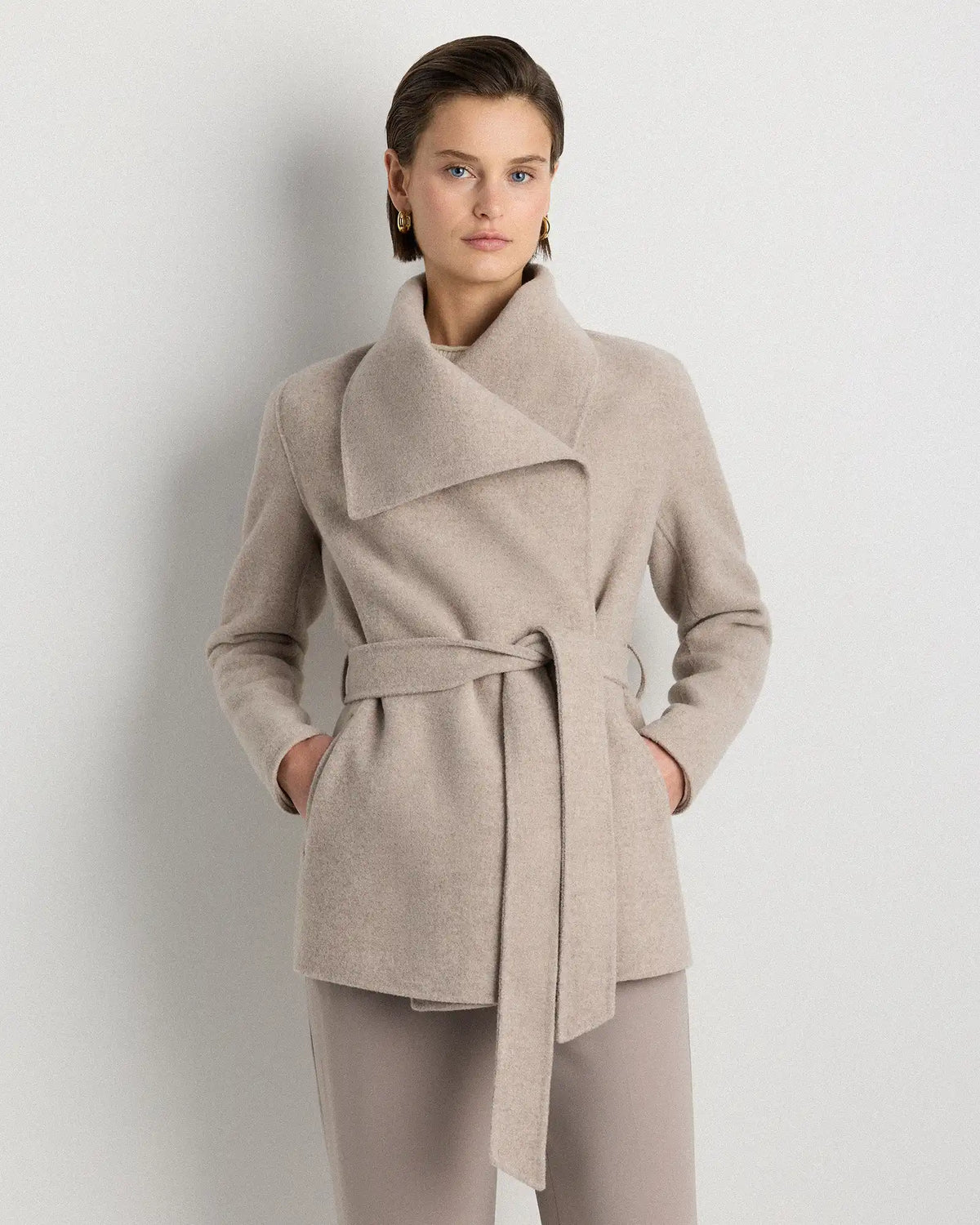 Double-Faced Merino Wool Draped Collar Short Wrap Coat