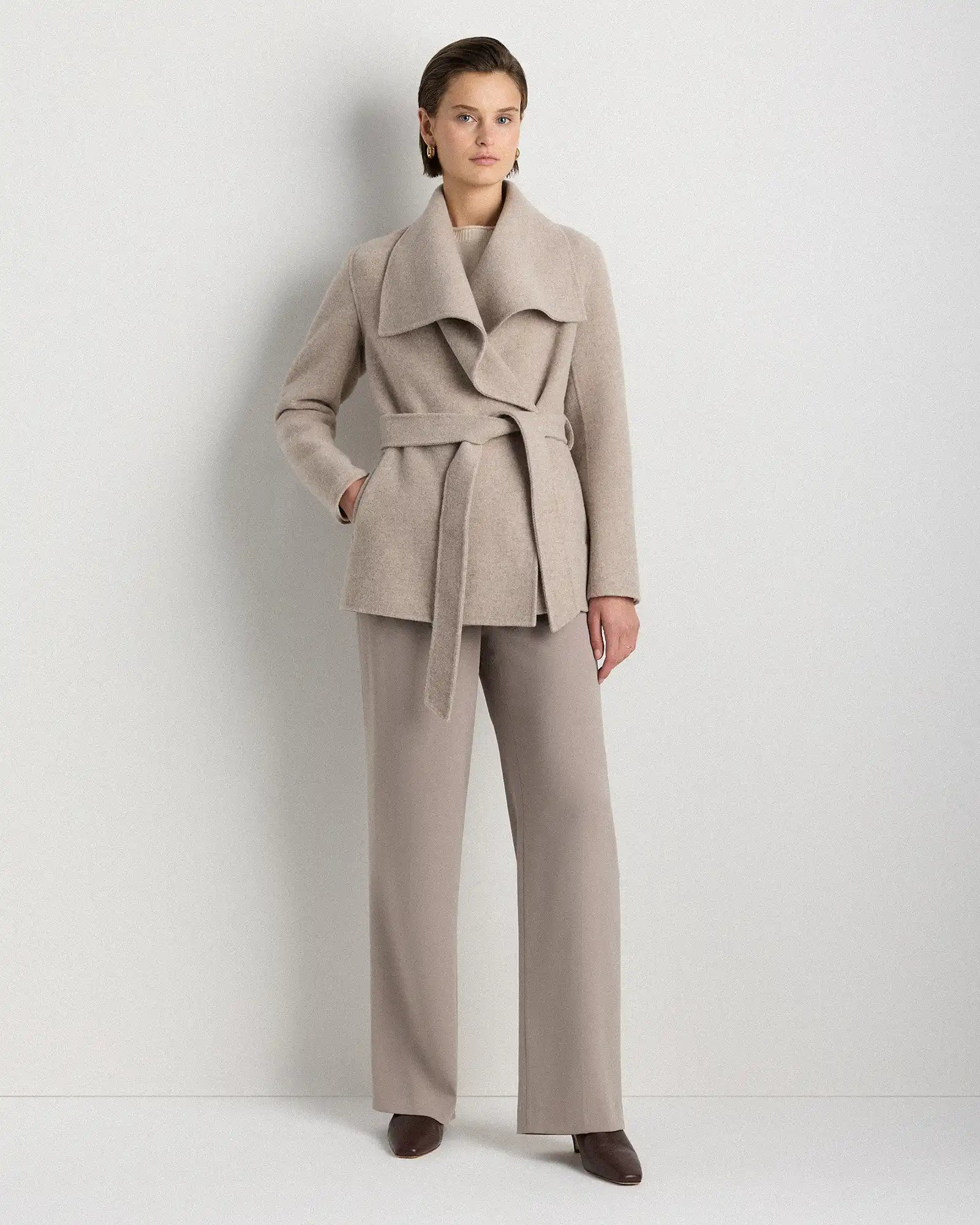 Double-Faced Merino Wool Draped Collar Short Wrap Coat