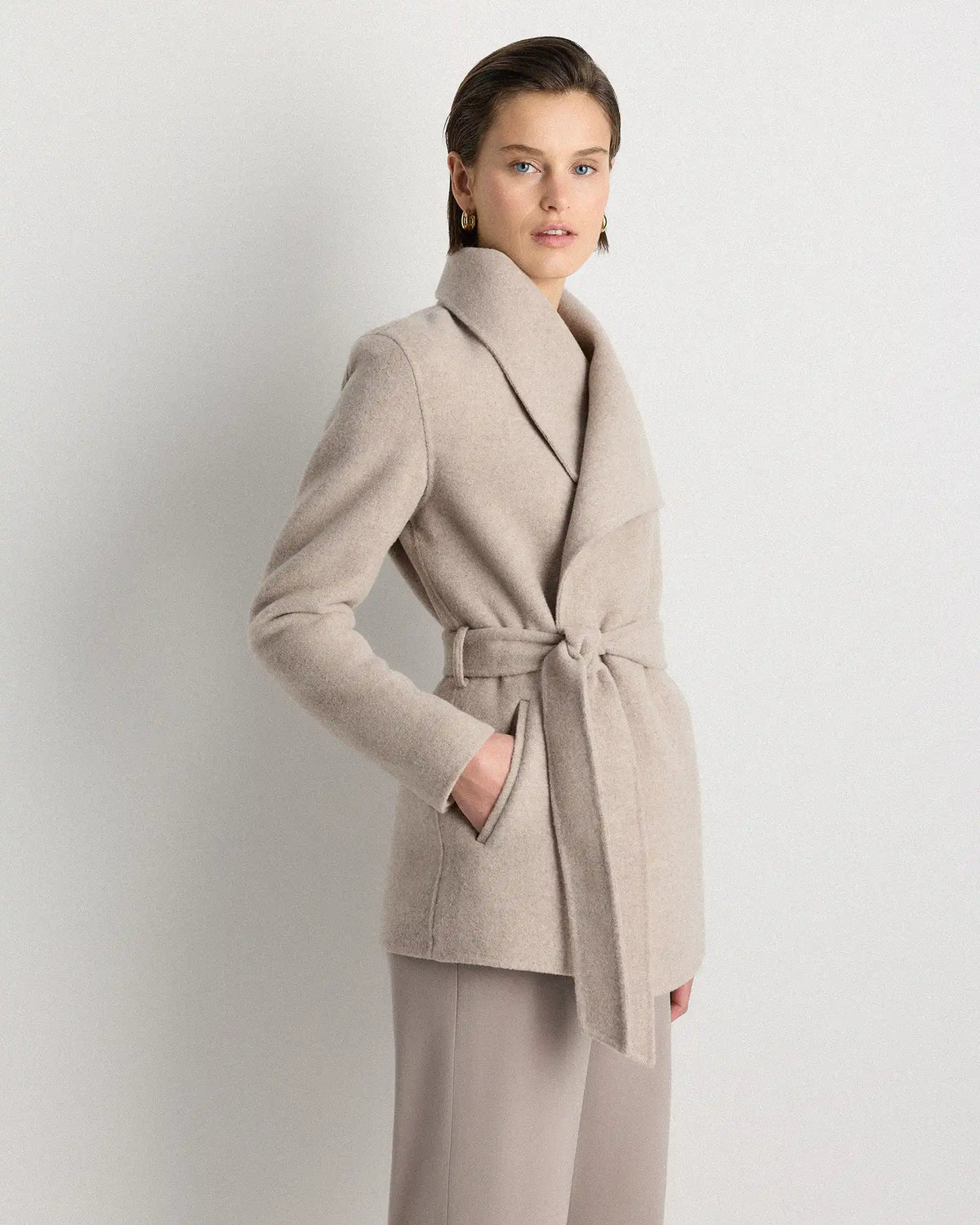 Double-Faced Merino Wool Draped Collar Short Wrap Coat