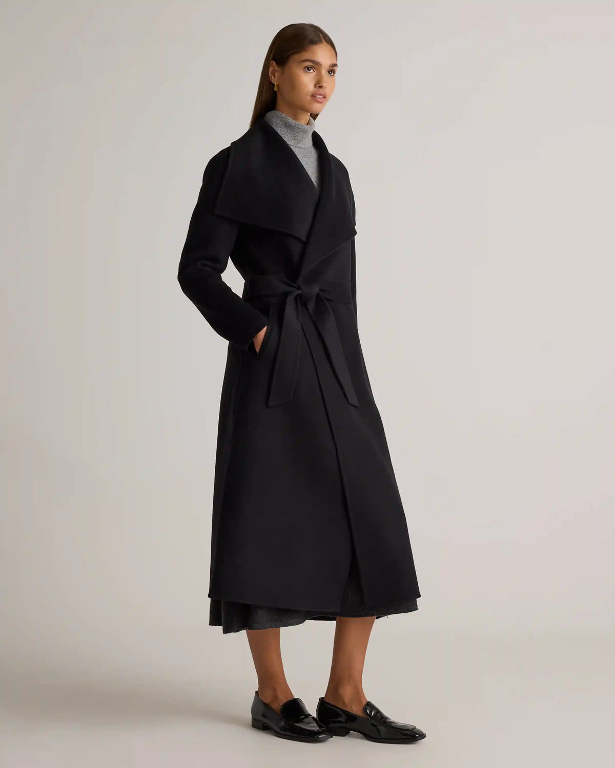 Double-Faced Merino Wool Draped Collar Wrap Coat