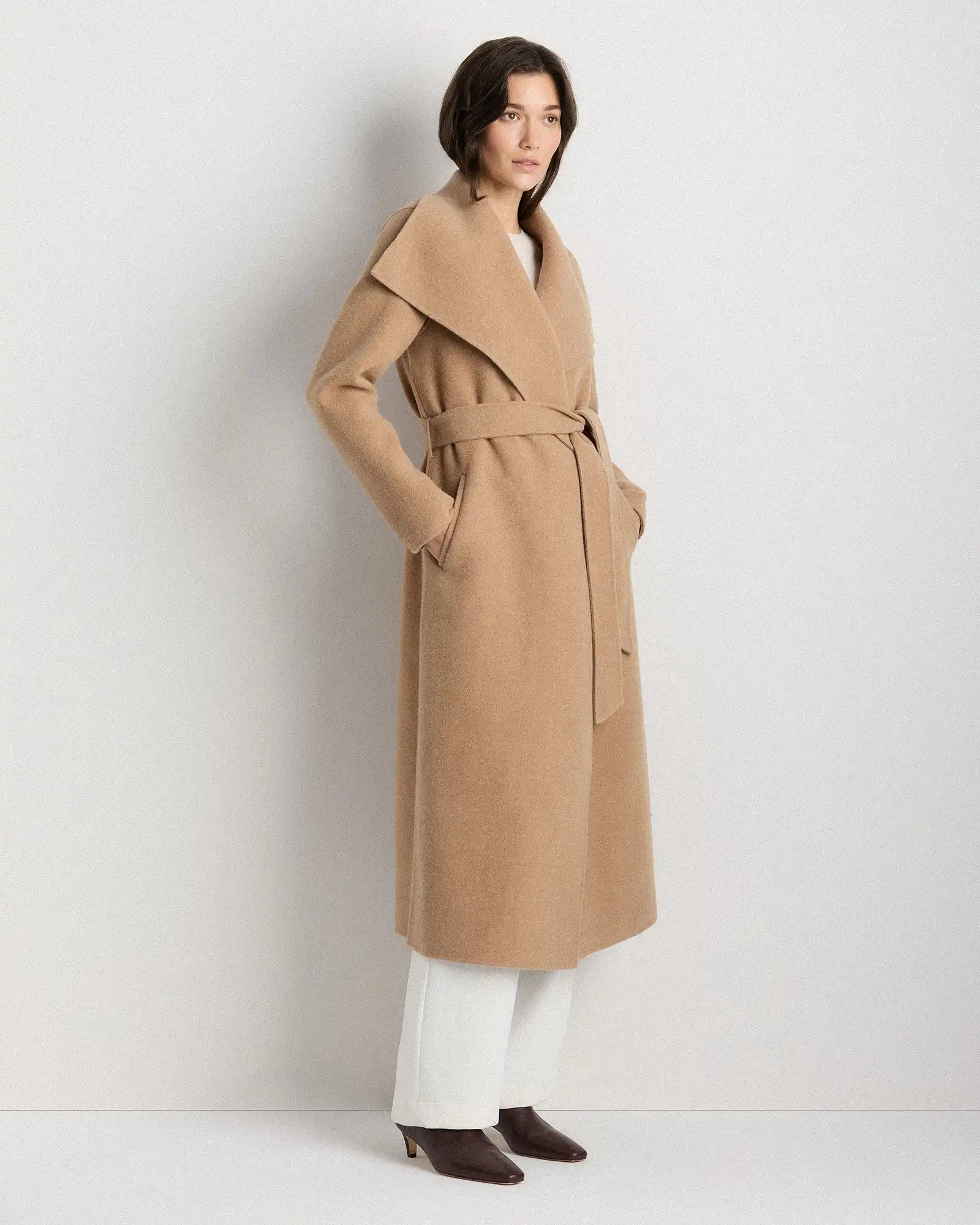Double-Faced Merino Wool Draped Collar Wrap Coat