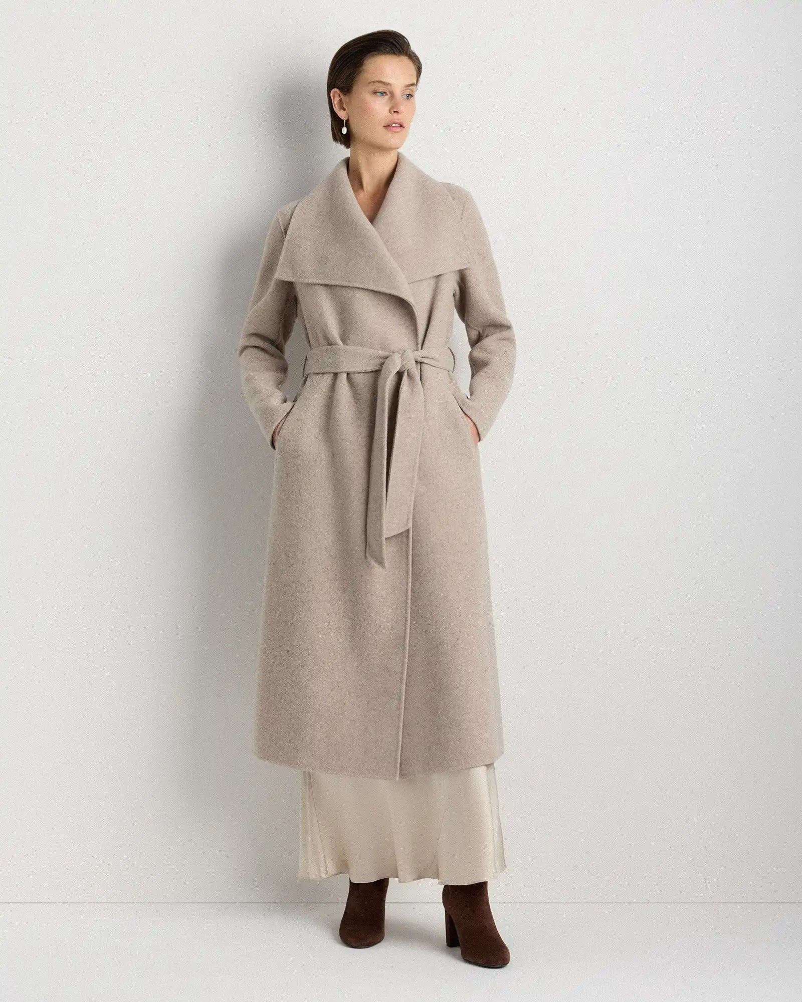 Double-Faced Merino Wool Draped Collar Wrap Coat