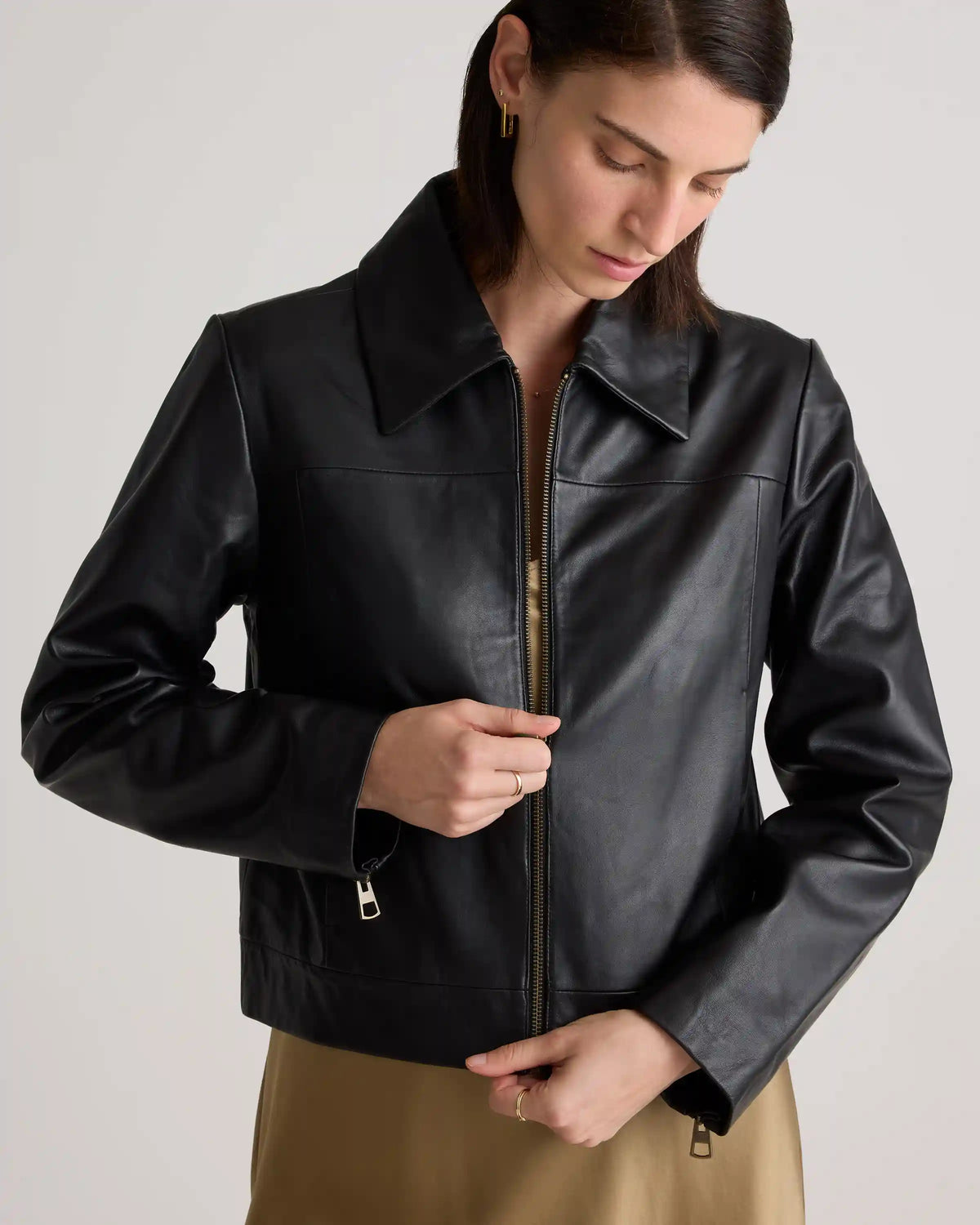 100% Leather Cropped Zip-Front Jacket