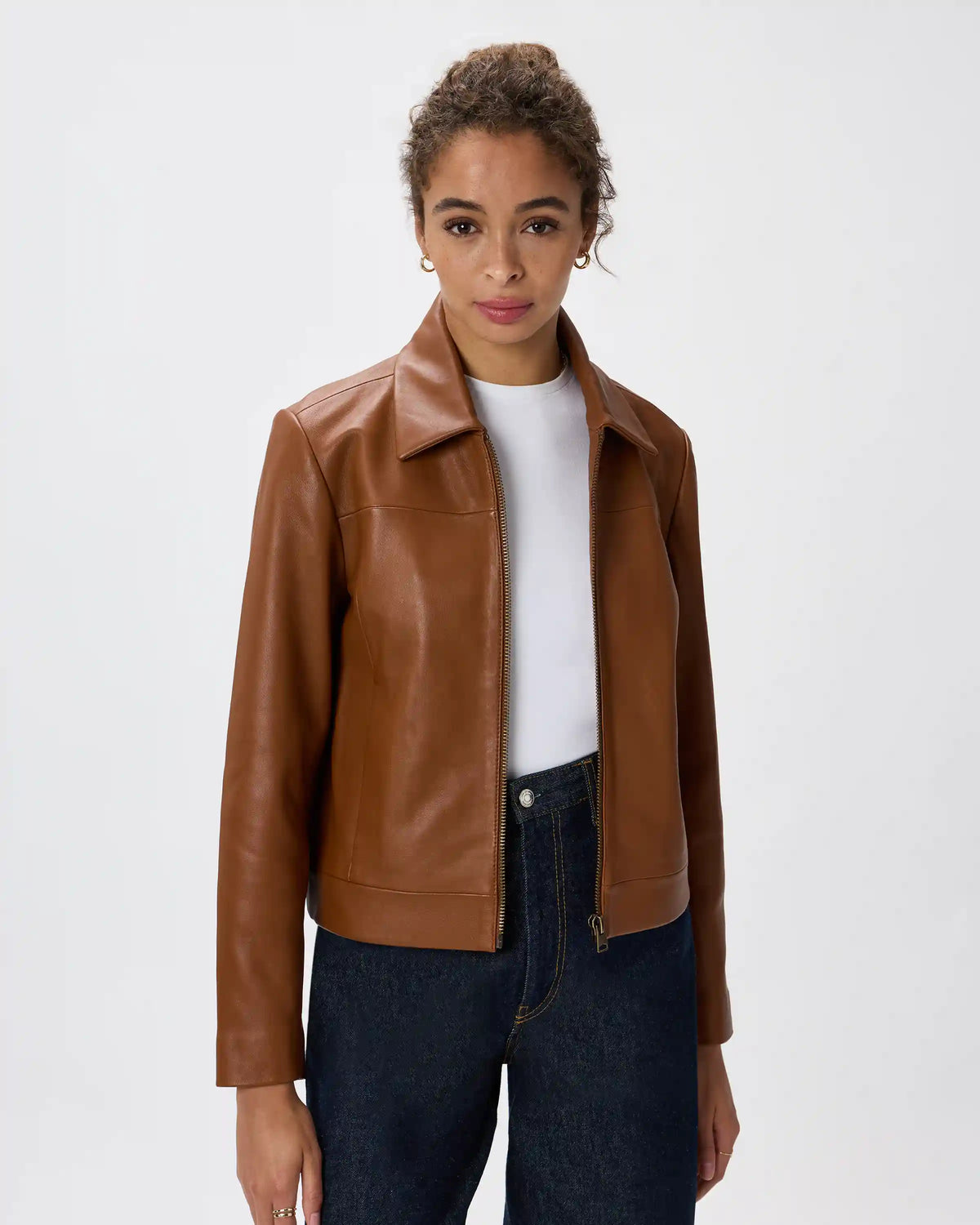100% Leather Cropped Zip-Front Jacket