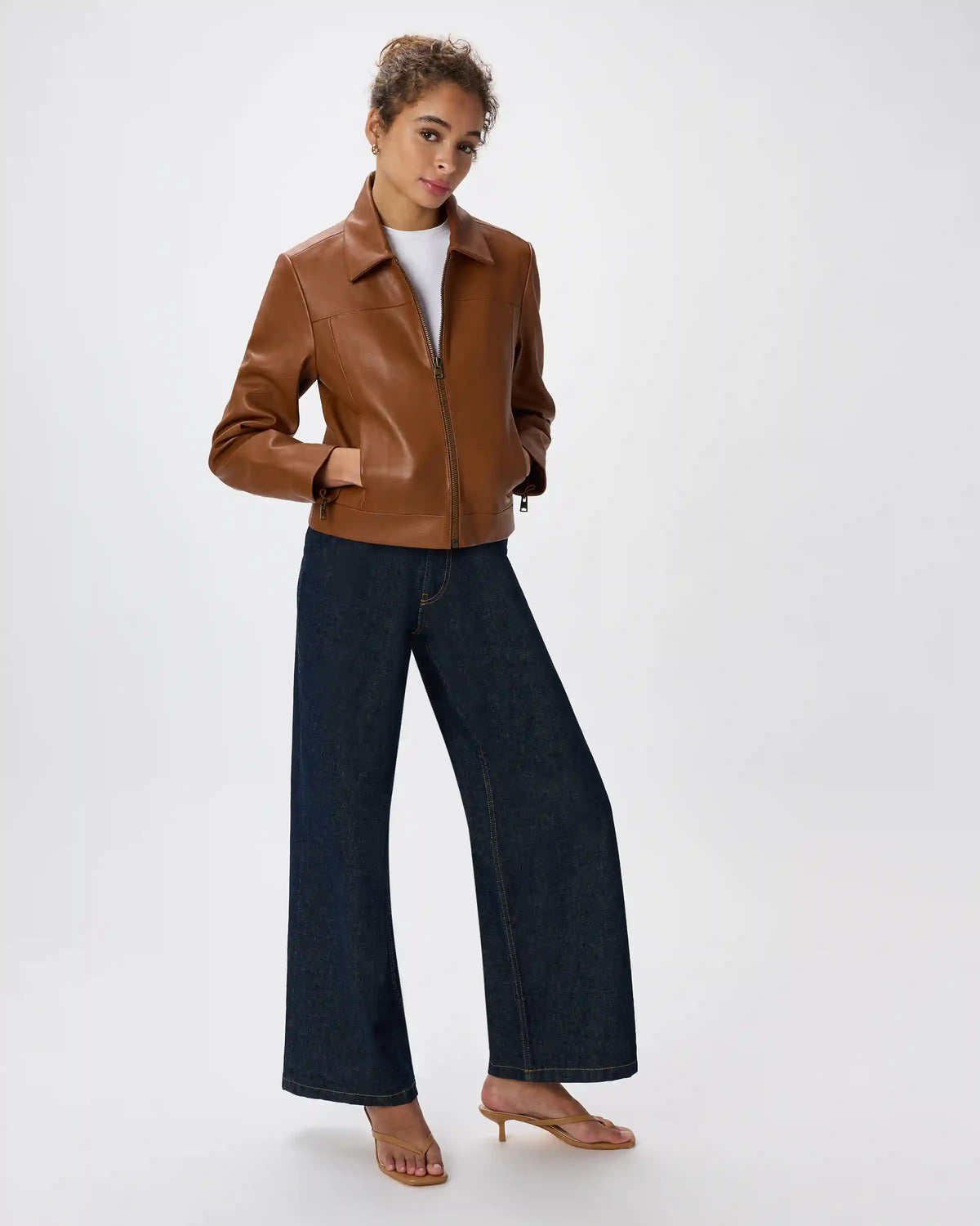 100% Leather Cropped Zip-Front Jacket