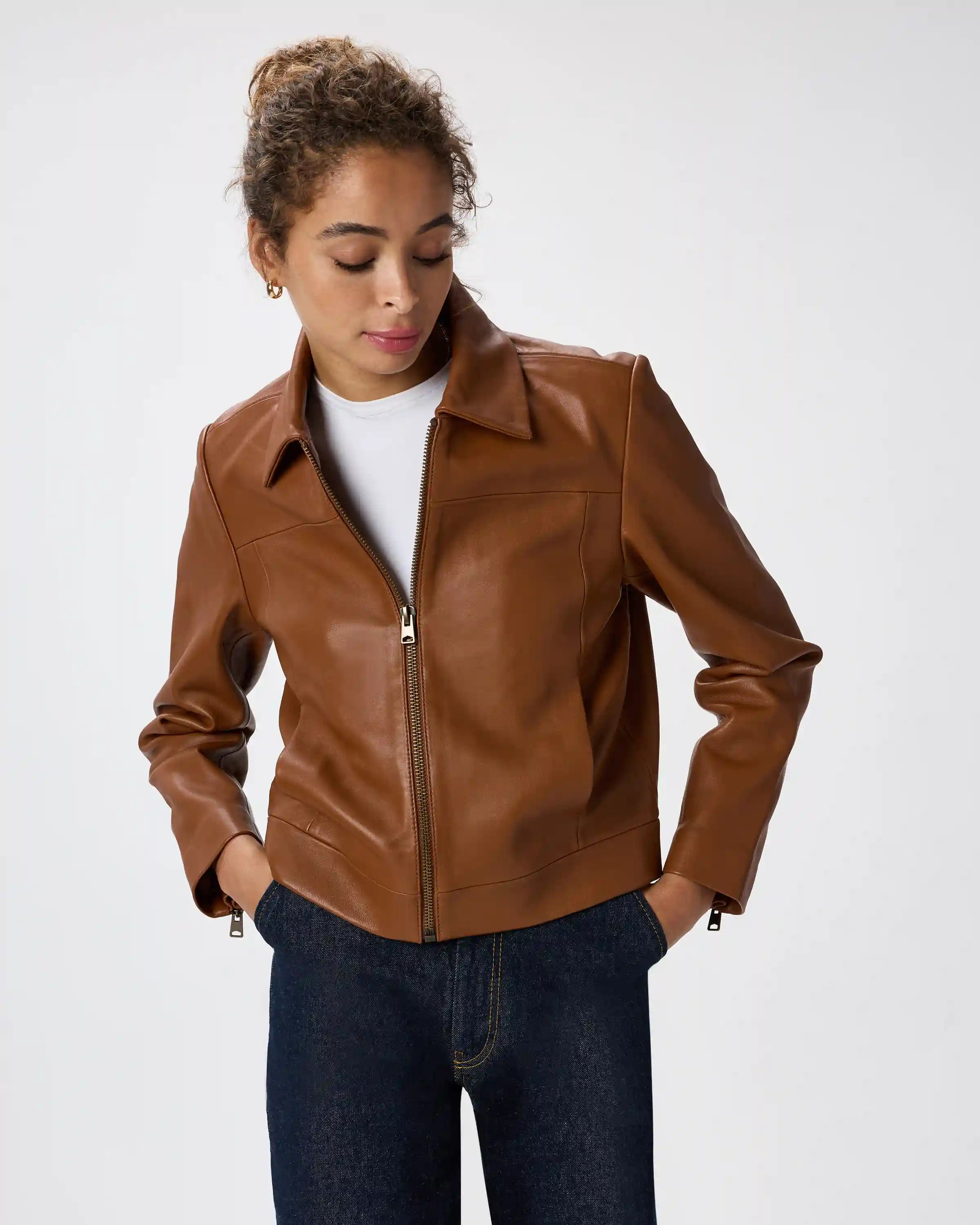 100% Leather Cropped Zip-Front Jacket