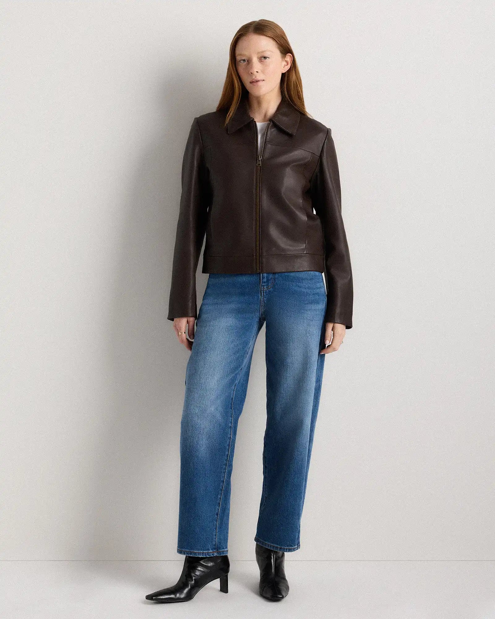 100% Leather Cropped Zip-Front Jacket