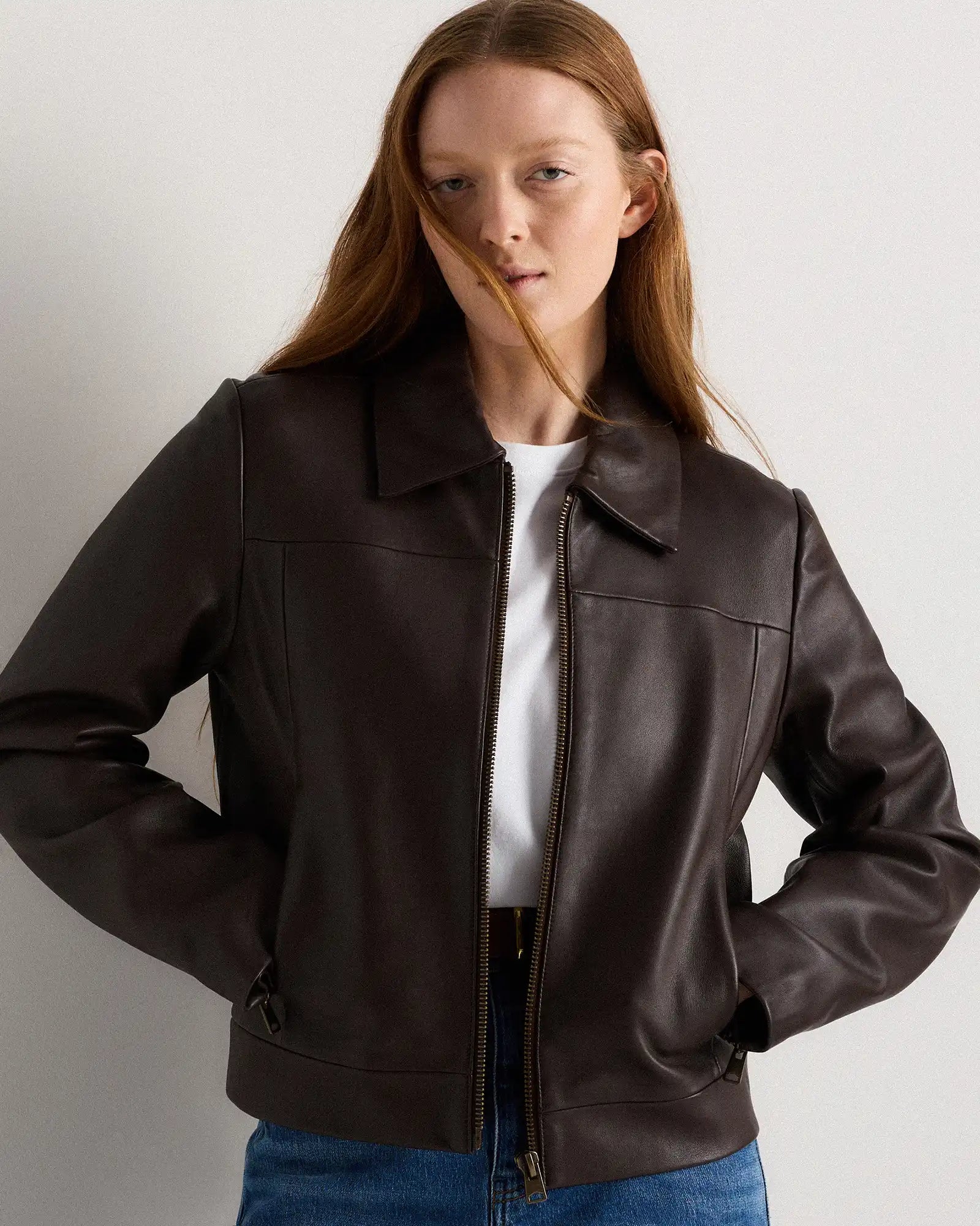 100% Leather Cropped Zip-Front Jacket