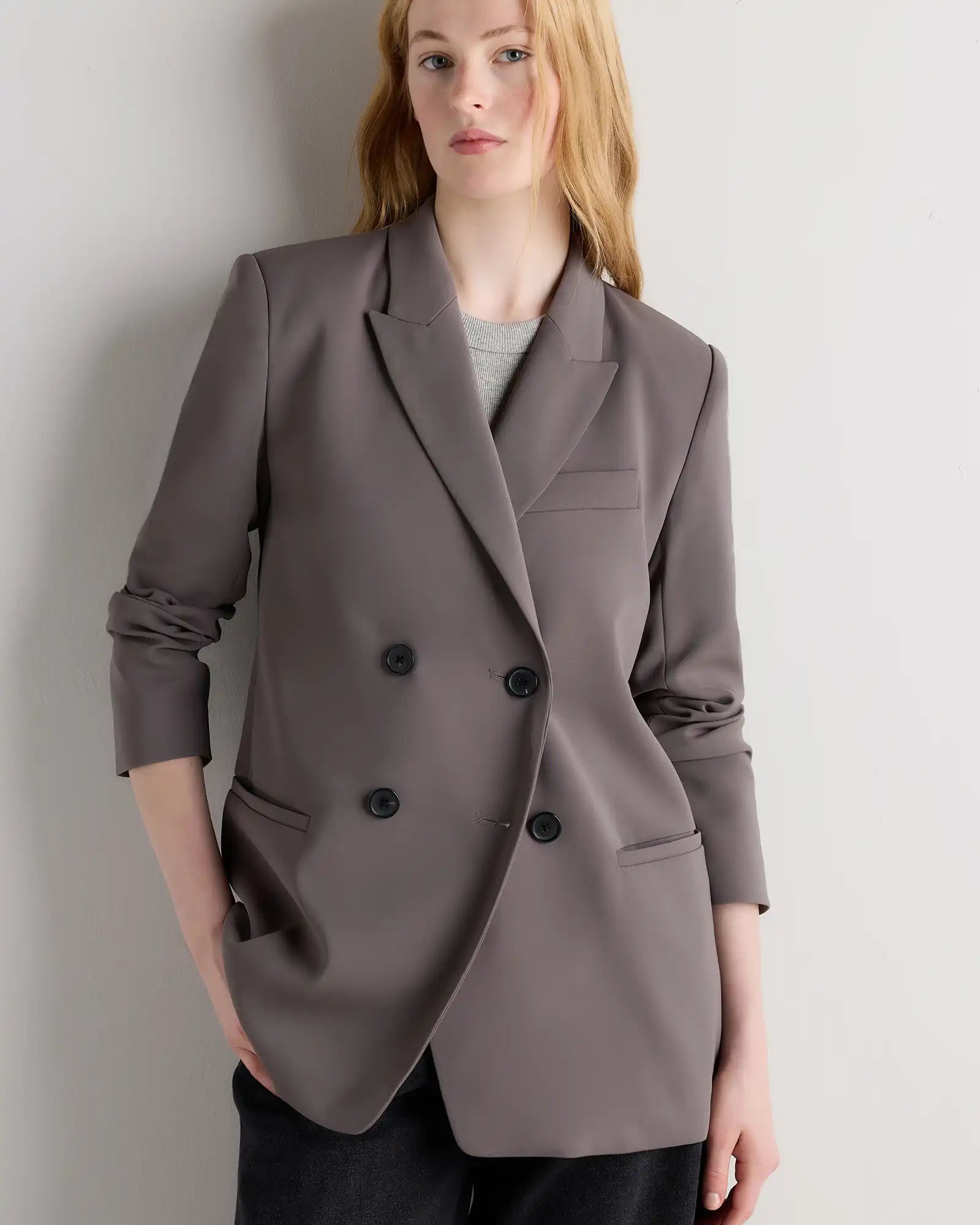 Stretch Crepe Relaxed Double-Breasted Blazer