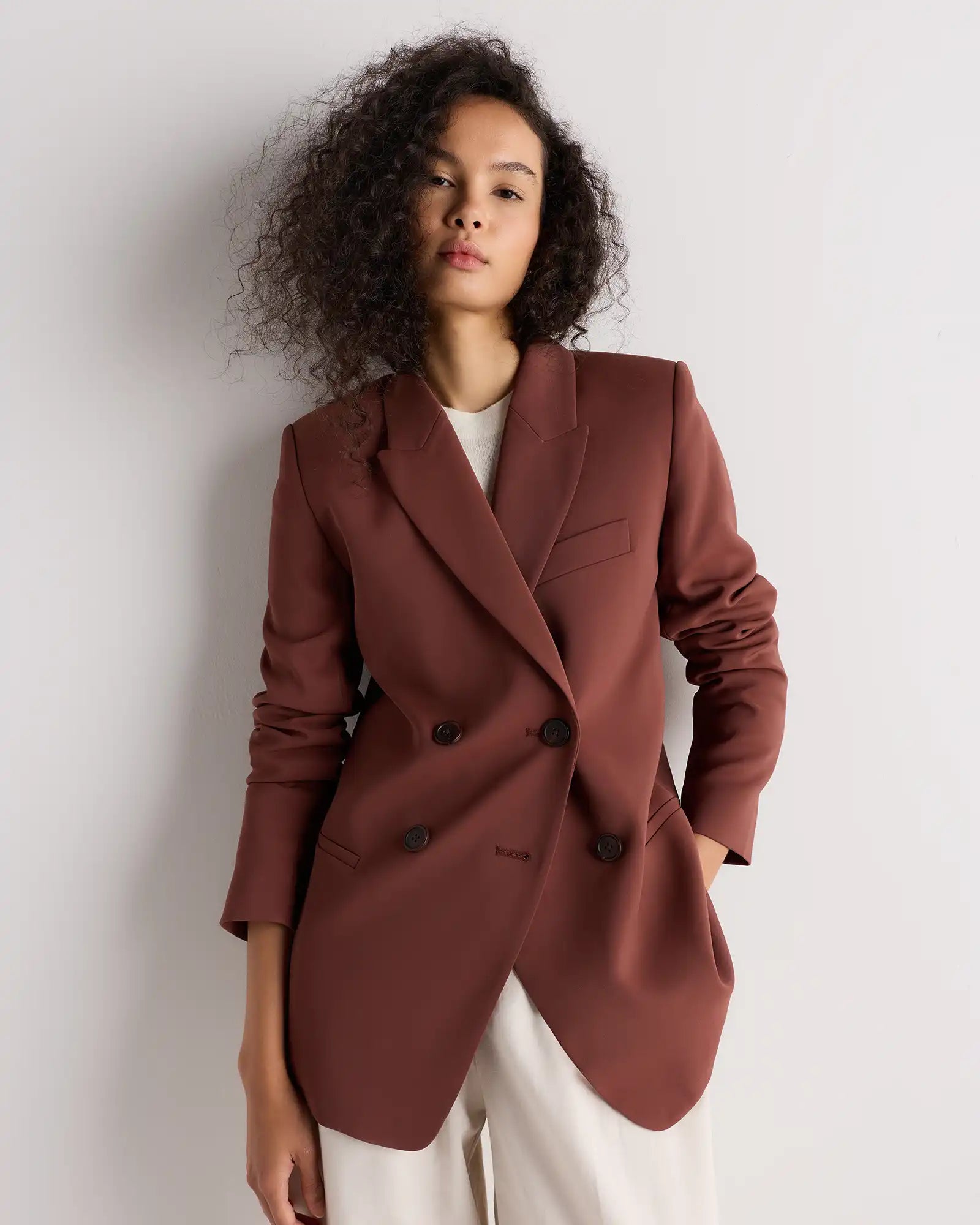 Stretch Crepe Relaxed Double-Breasted Blazer