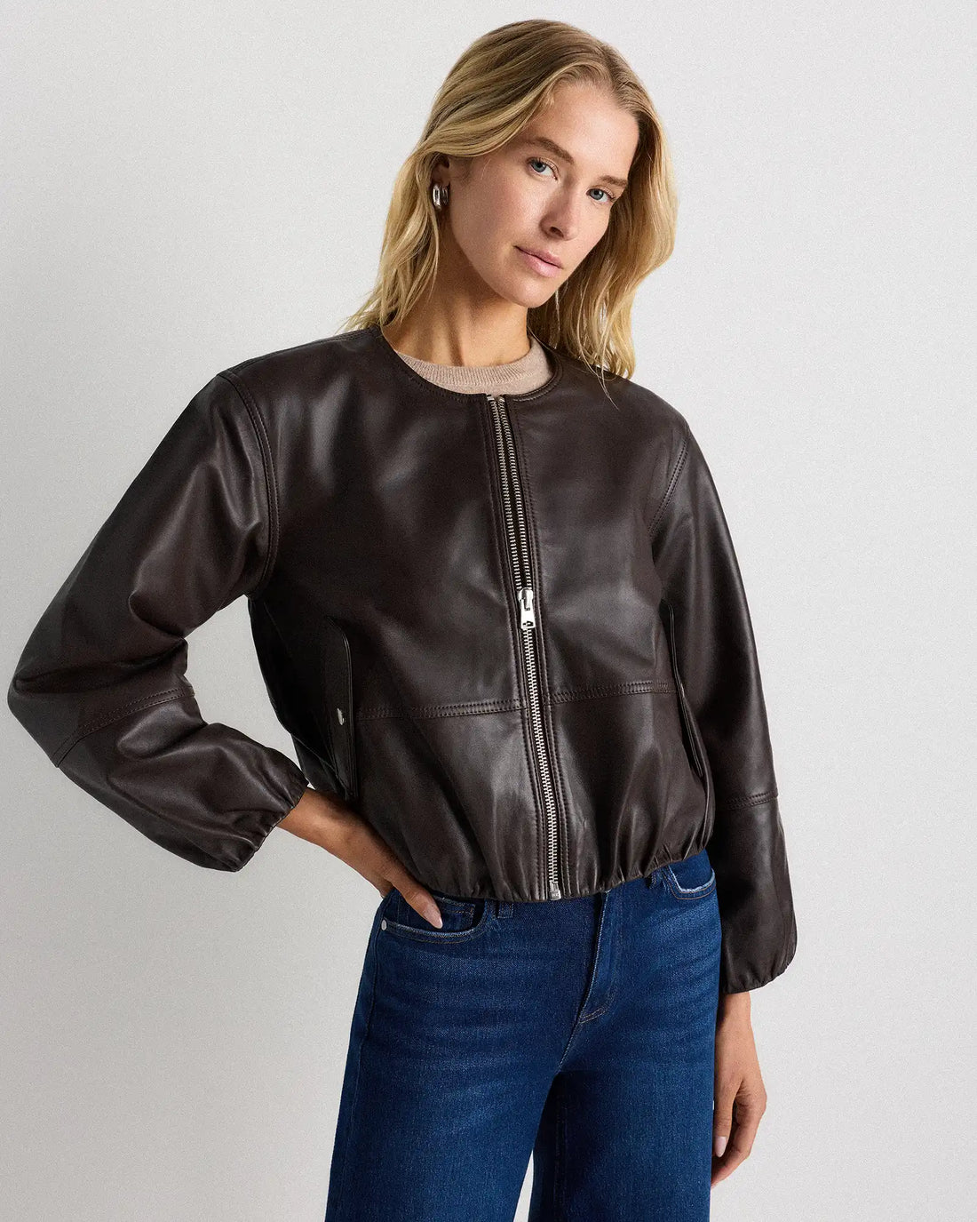 100% Leather Collarless Cropped Bubble Hem Jacket