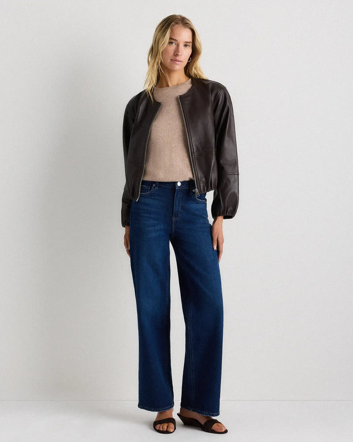 100% Leather Collarless Cropped Bubble Hem Jacket