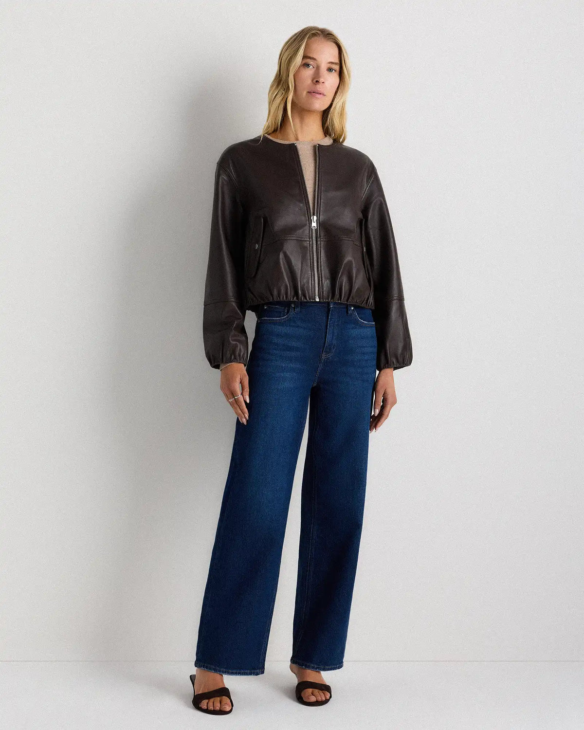 100% Leather Collarless Cropped Bubble Hem Jacket