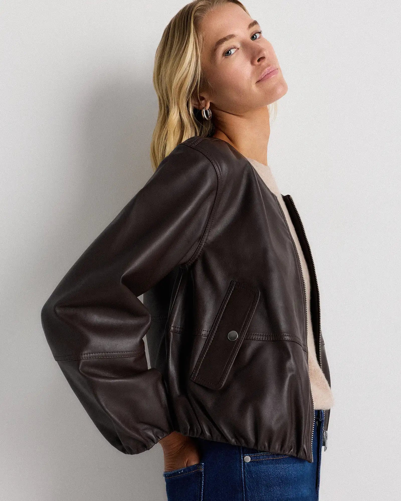 100% Leather Collarless Cropped Bubble Hem Jacket