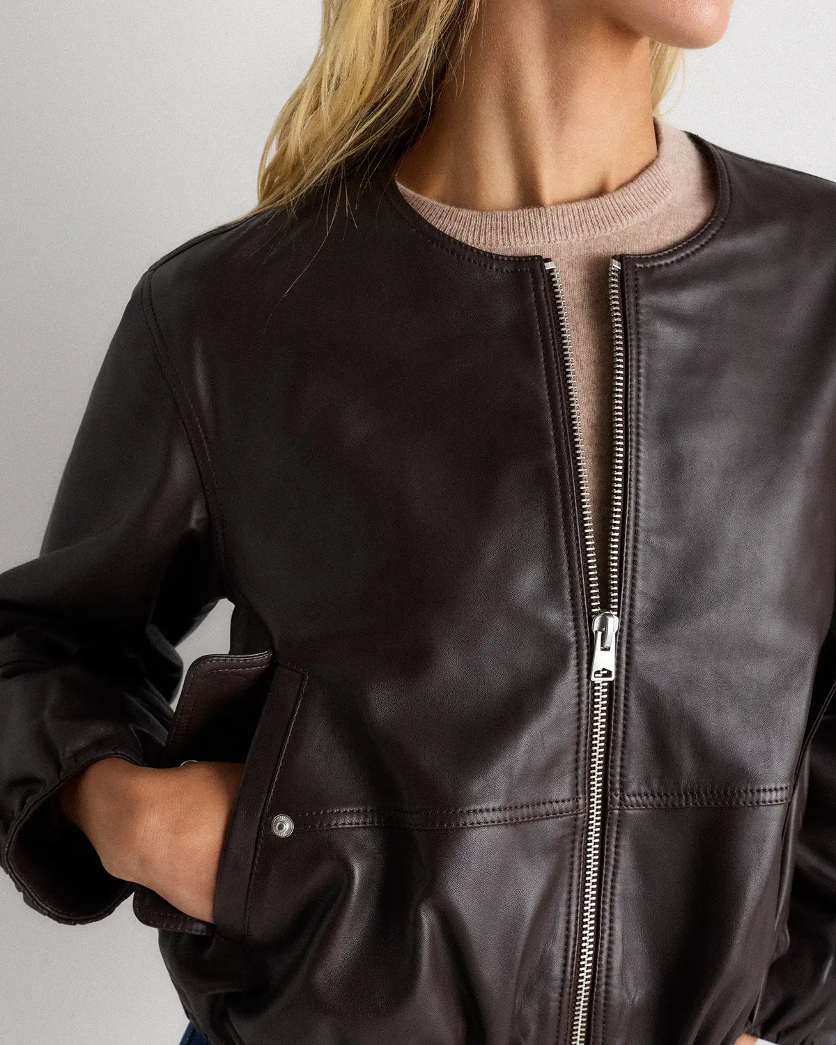 100% Leather Collarless Cropped Bubble Hem Jacket