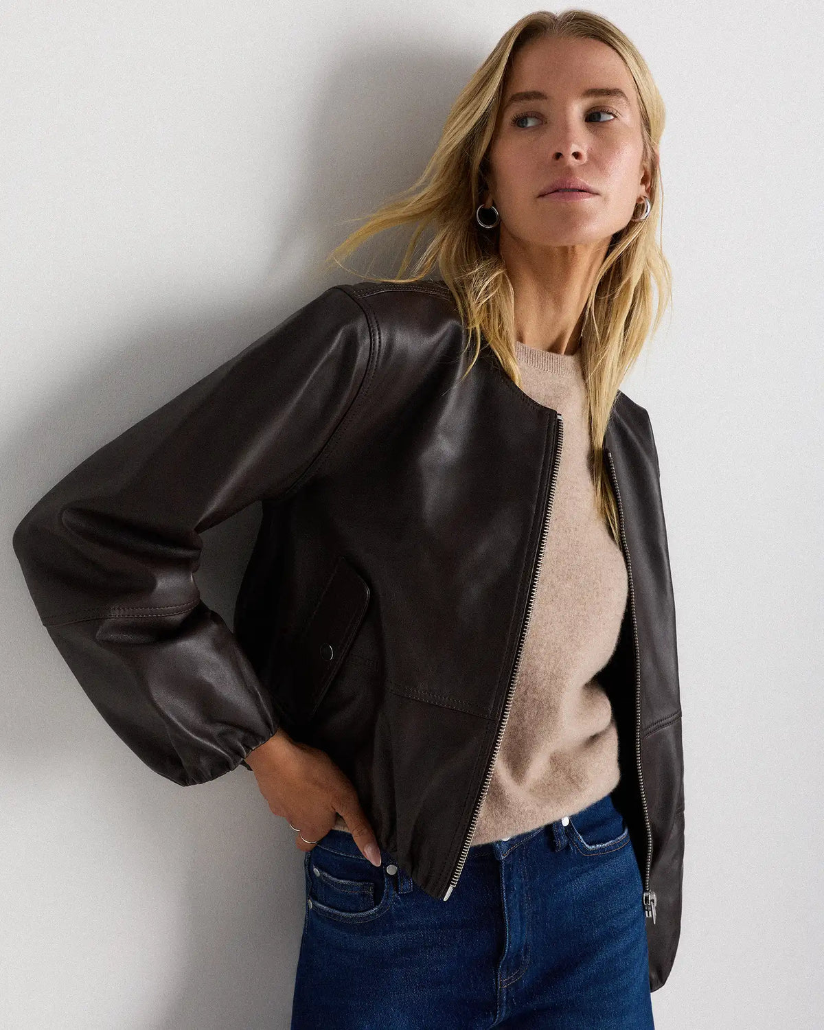 100% Leather Collarless Cropped Bubble Hem Jacket