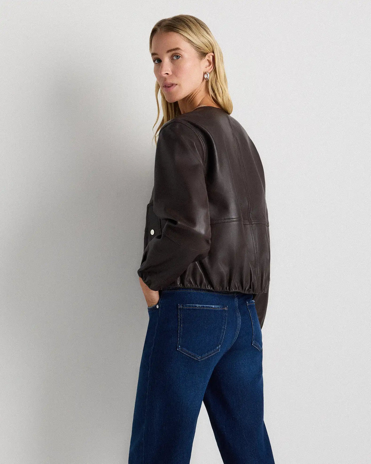 100% Leather Collarless Cropped Bubble Hem Jacket